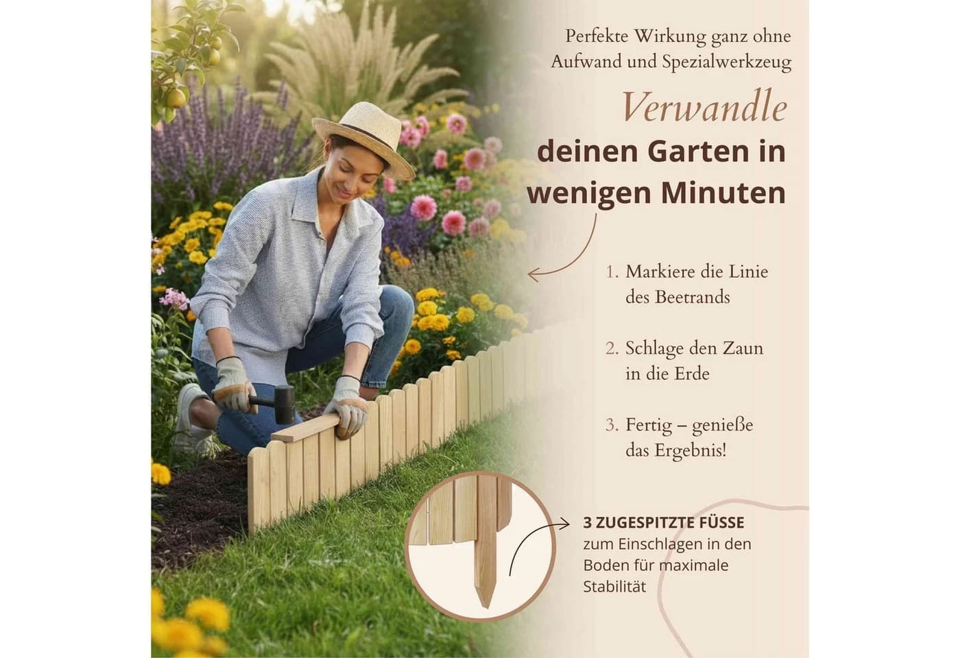 Floranica Flexible Rasenkante Rollborder Beetumrandung Kiefernholz Natur - Bild 5