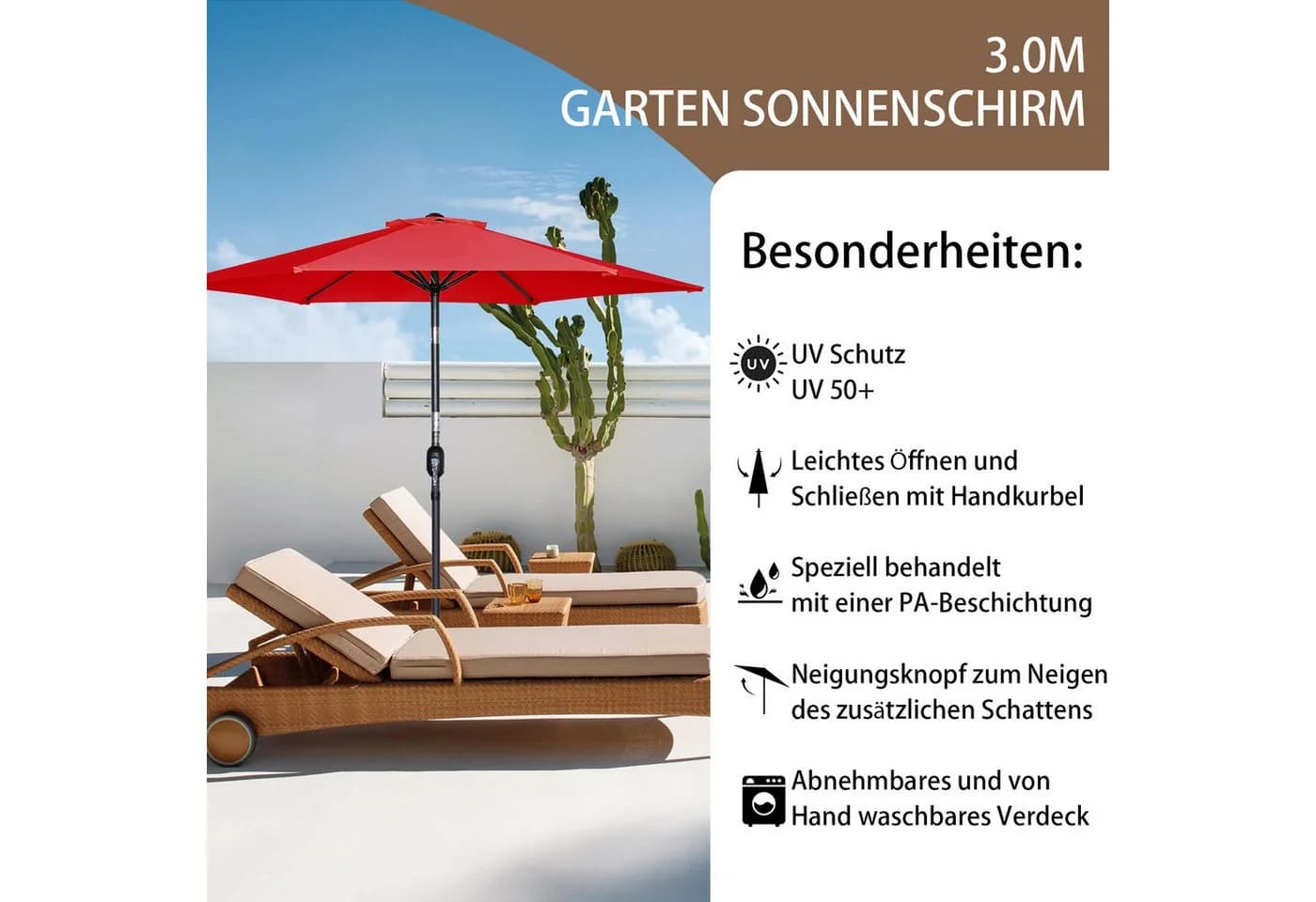 Angel Living Sonnenschirm Rot UV-Schutz 50+ Polyester - Bild 3