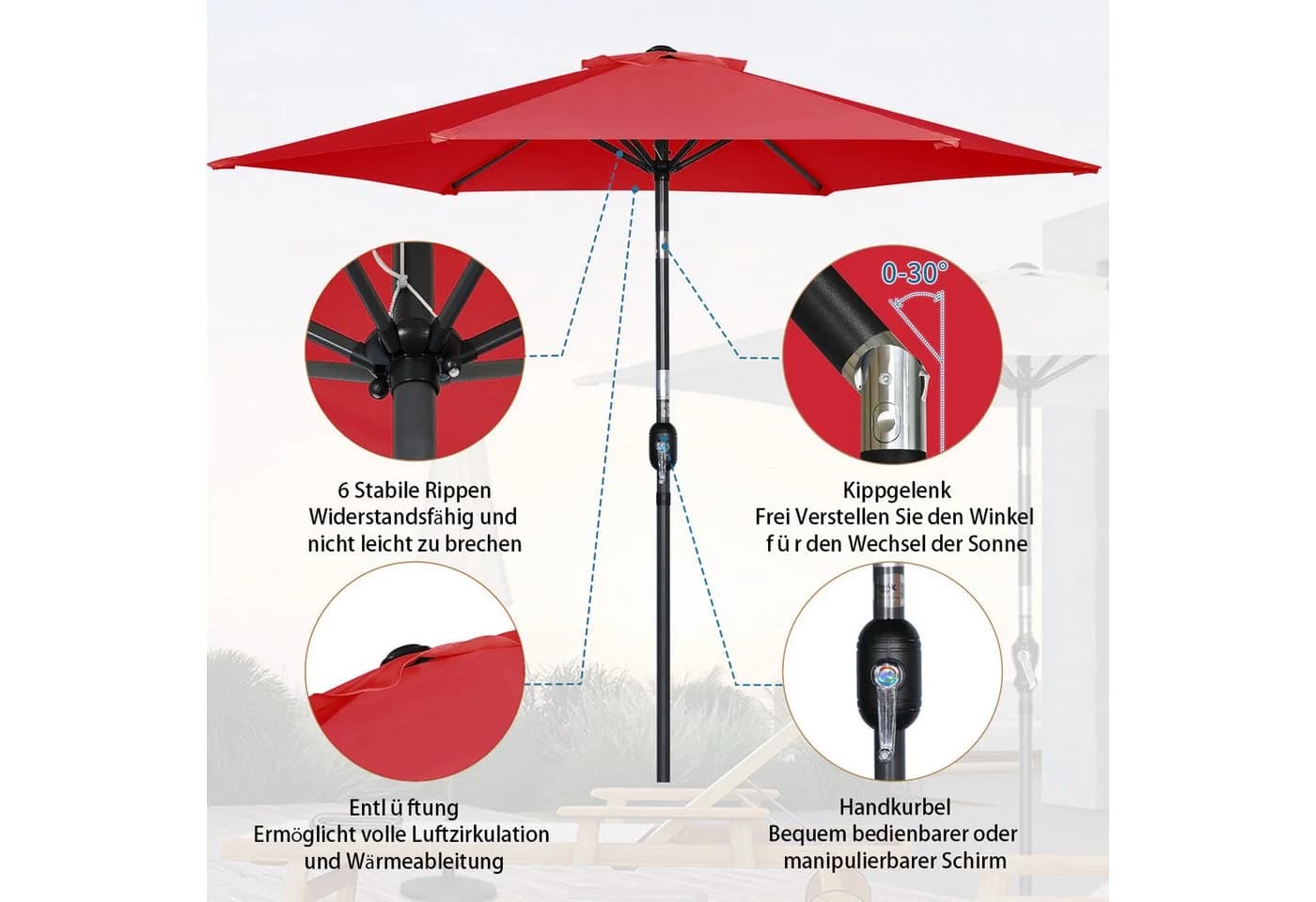 Angel Living Sonnenschirm Rot UV-Schutz 50+ Polyester - Bild 5