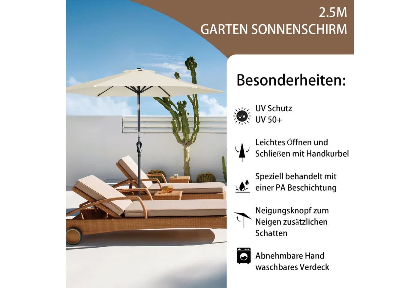 Angel Living Gartenschirm 250 cm UV-Schutz 50+ Beige - Bild 3