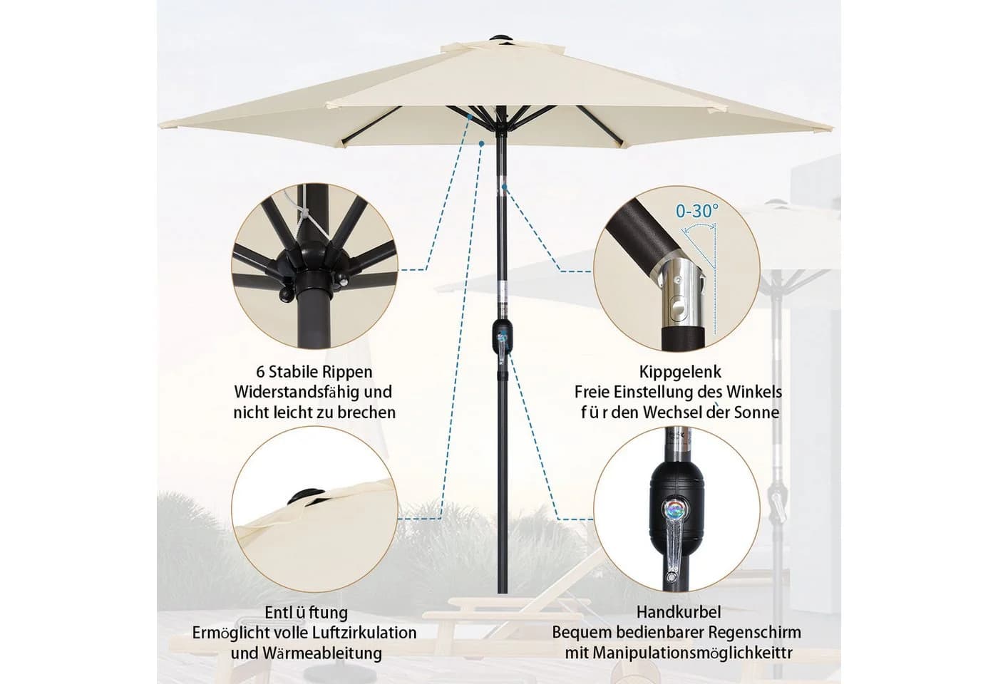 Angel Living Gartenschirm 250 cm UV-Schutz 50+ Beige - Bild 5