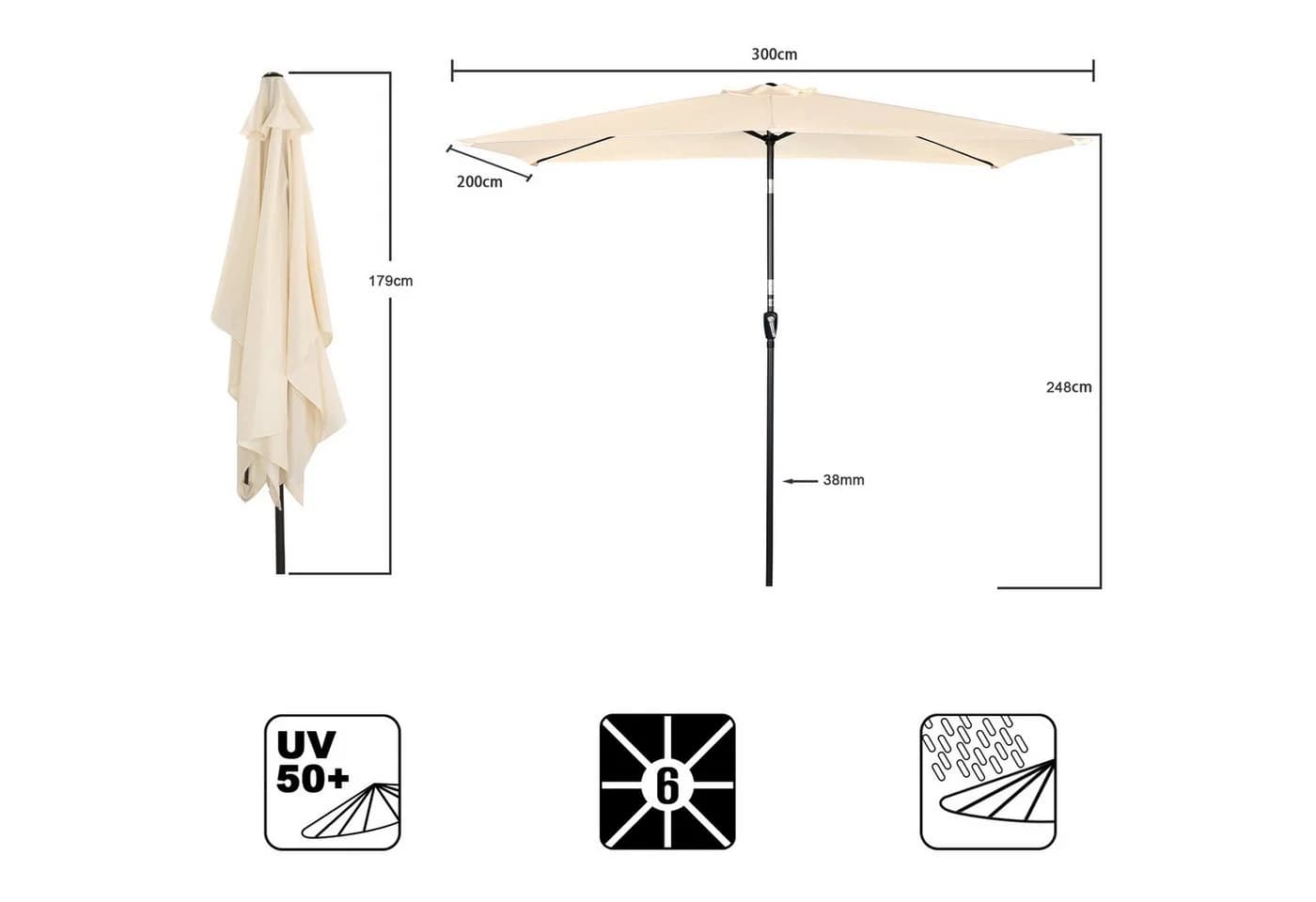 Angel Living Sonnenschirm 200x300 cm Rechteckig Kurbel UV-Schutz 50+ Beige