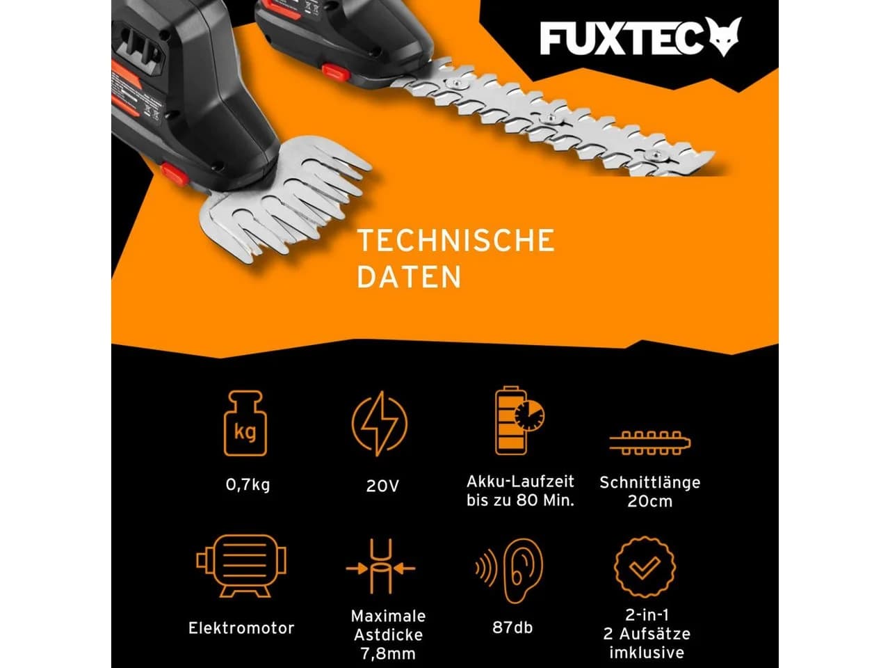 FUXTEC Akku-Heckenschere FX-E1HS20-SET, 20V, 52cm Arbeitsbereich, 2Ah-Akku