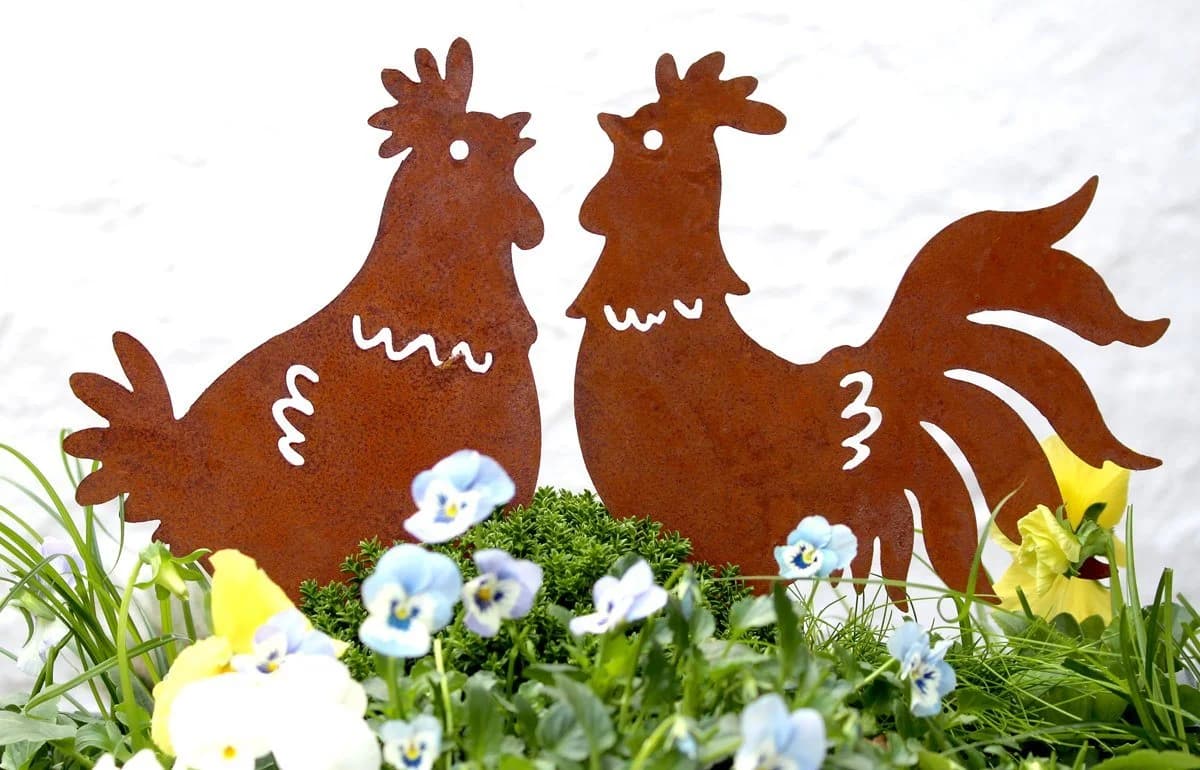 LB H&F Lilienburg Gartenfigur 2er Set Hahn Huhn Metall Rostig