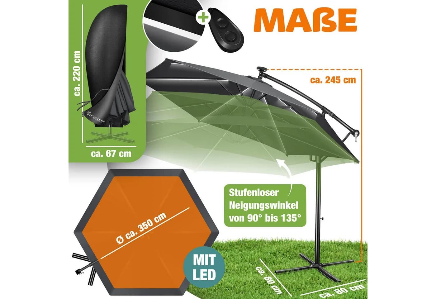 KESSER® Alu Ampelschirm LED Solar mit Abdeckung und Kurbelvorrichtung - Bild 2