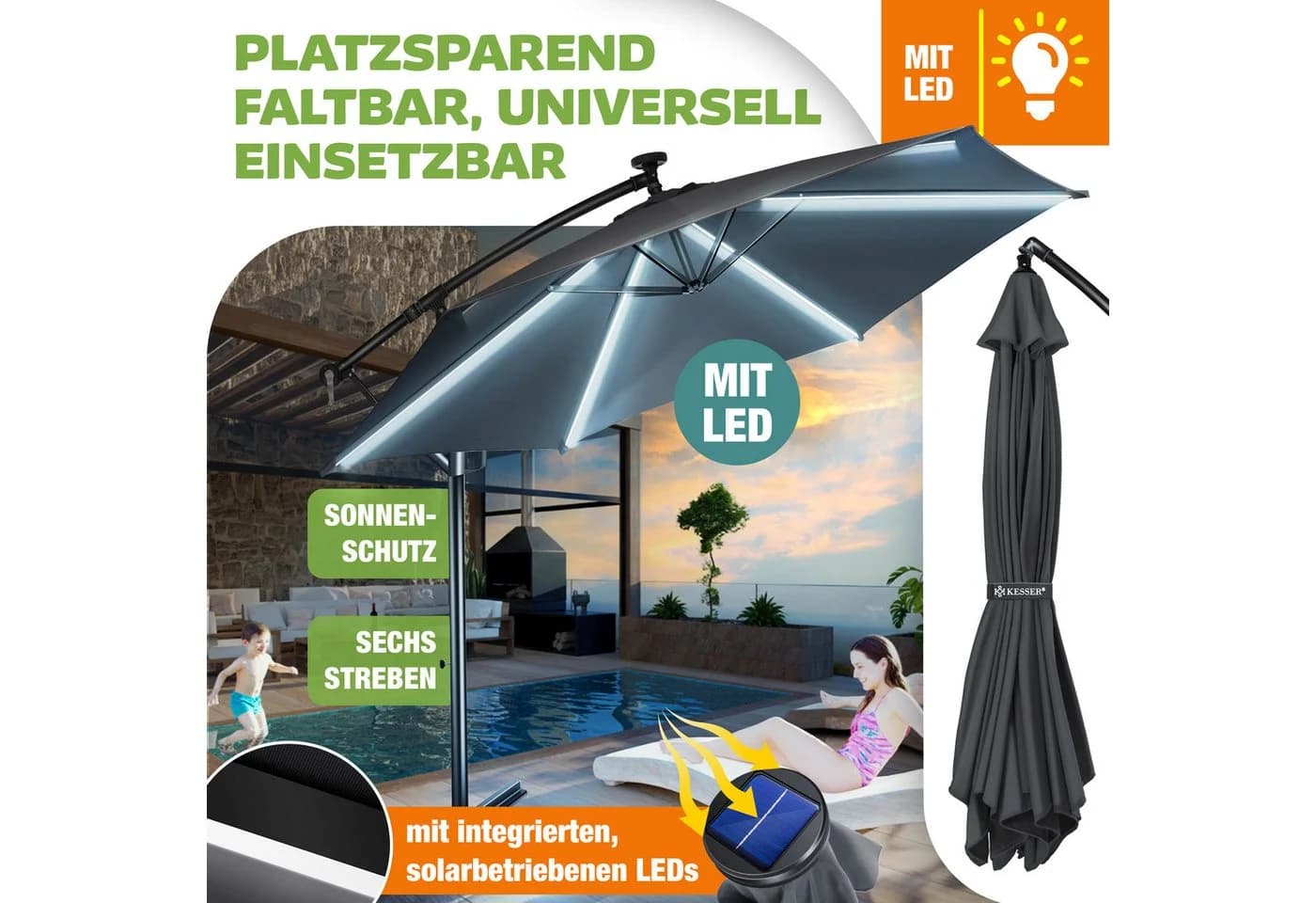 KESSER® Alu Ampelschirm LED Solar mit Abdeckung und Kurbelvorrichtung - Bild 5