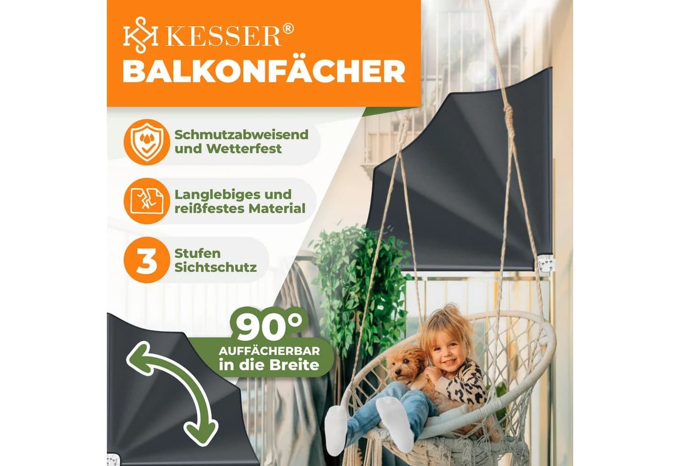 KESSER® Balkonfächer klappbar mit Wandhalterung 140x140cm