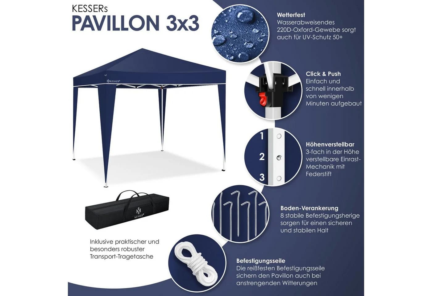 KESSER Pavillon 3x3m Blau UV-Schutz 50+ Wasserabweisend - Bild 4