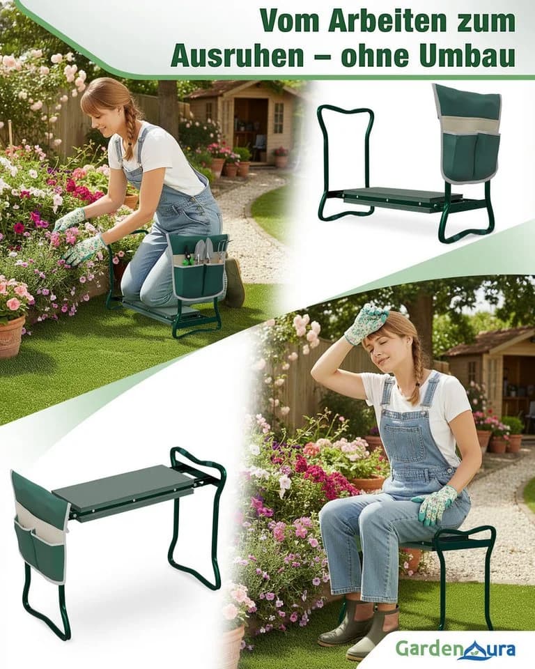 GardenAura Kniebank für Gartenarbeit klappbar mit Werkzeugtasche - Bild 3