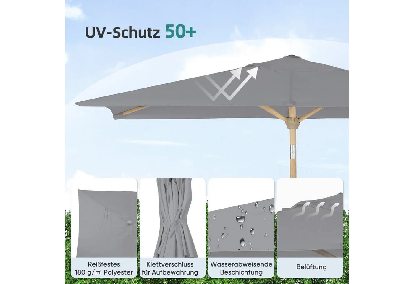 Sekey Sonnenschirm Rechteckig Aluminium Holzoptik mit Kurbel UV50+ - Bild 4