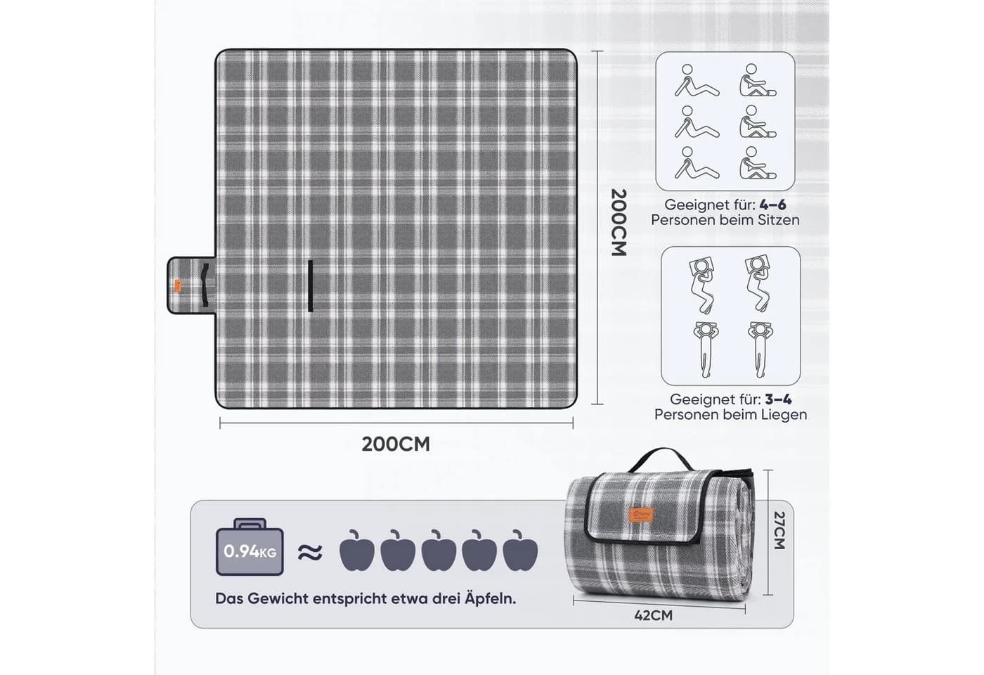 Sekey Picknickdecke 200x200 cm Grau Wasserdicht Faltbar