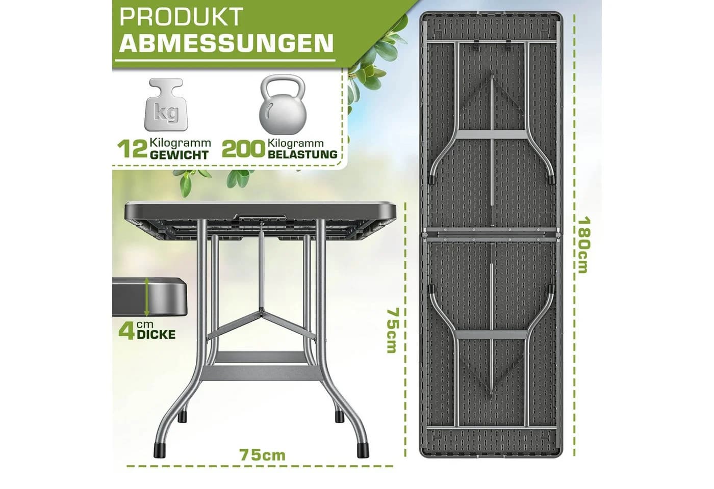 tillvex Gartentisch Klappbar Kunststoff 180x75cm