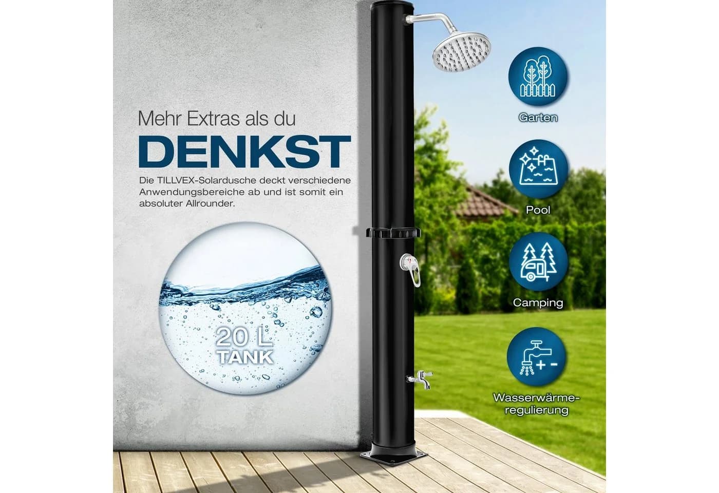 tillvex Solardusche 20L Schwarz UV-beständig mit Regenduschkopf