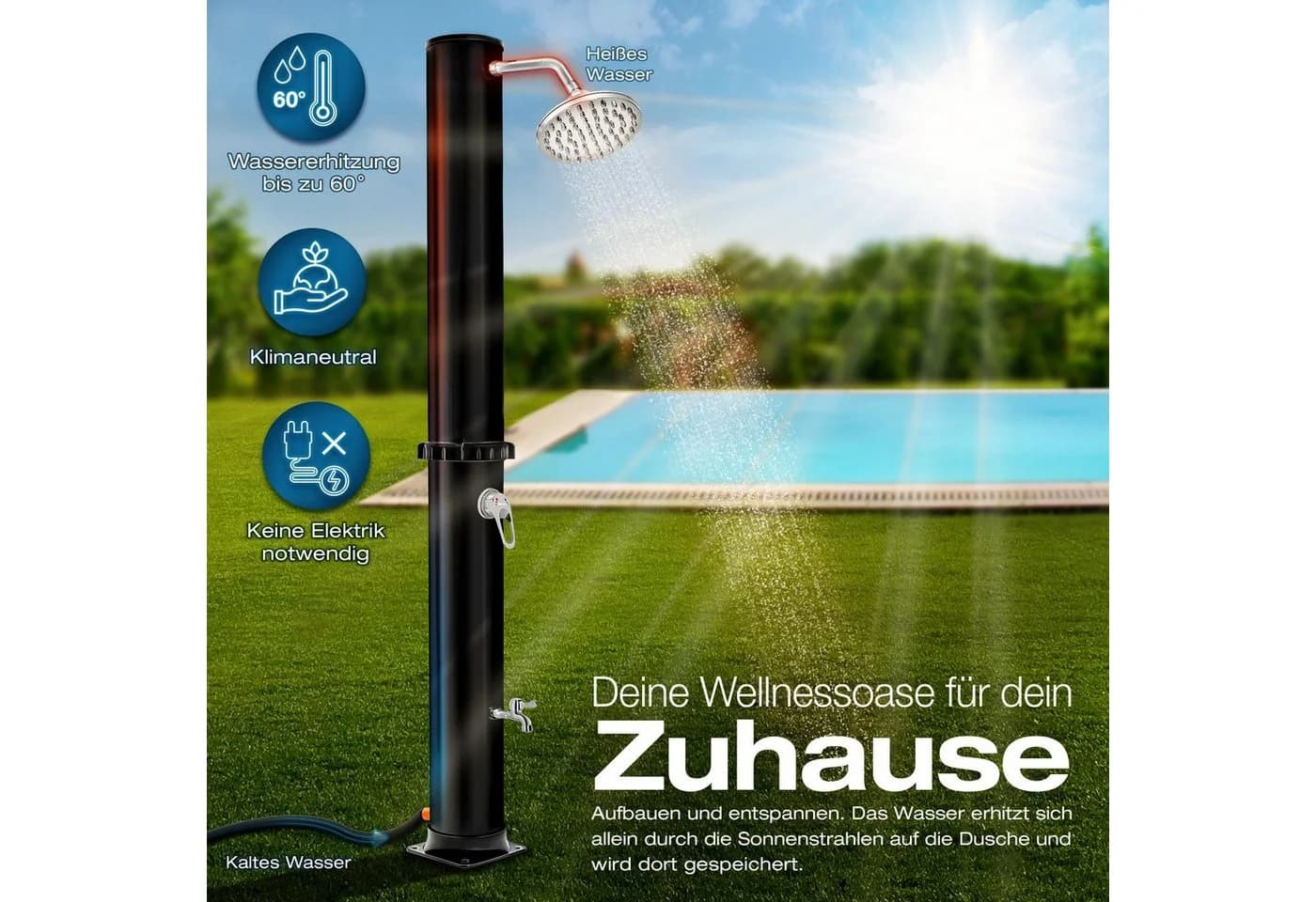 tillvex Solardusche 20L Schwarz UV-beständig mit Regenduschkopf - Bild 3
