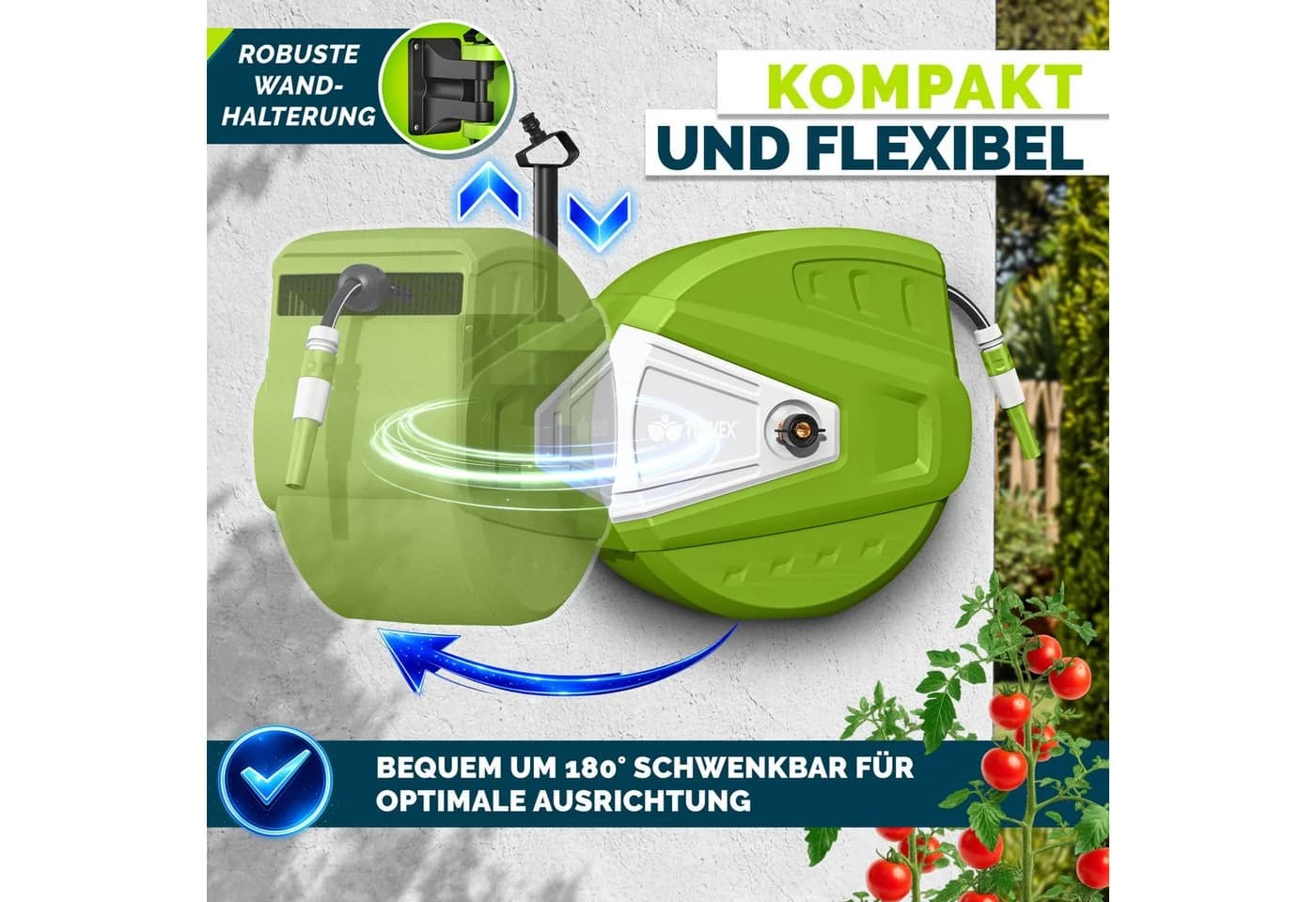 tillvex Schlauchtrommel mit Automatik-Aufwicklung und 9-fach Brause Grün