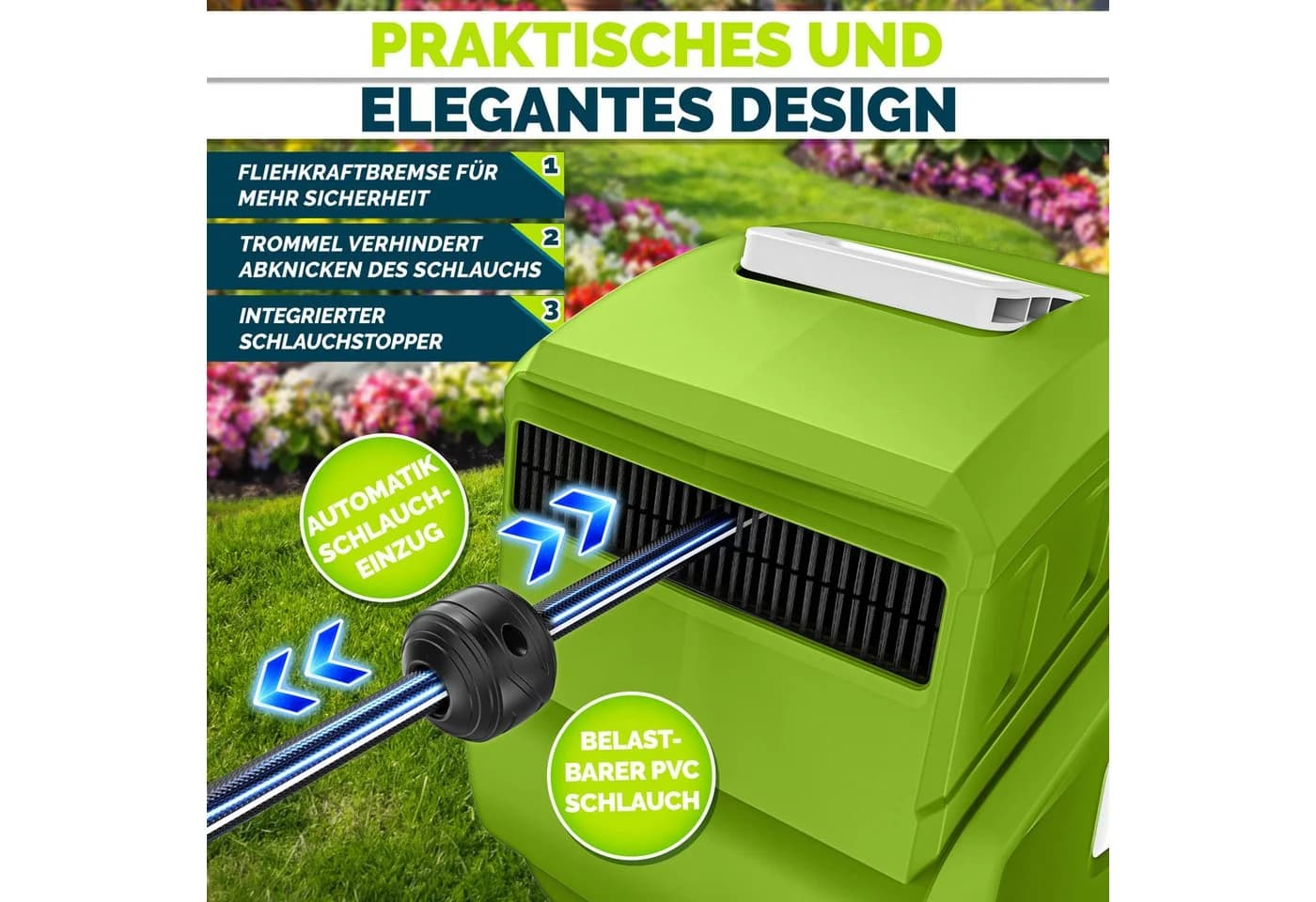 tillvex Schlauchtrommel mit Automatik-Aufwicklung und 9-fach Brause Grün - Bild 5