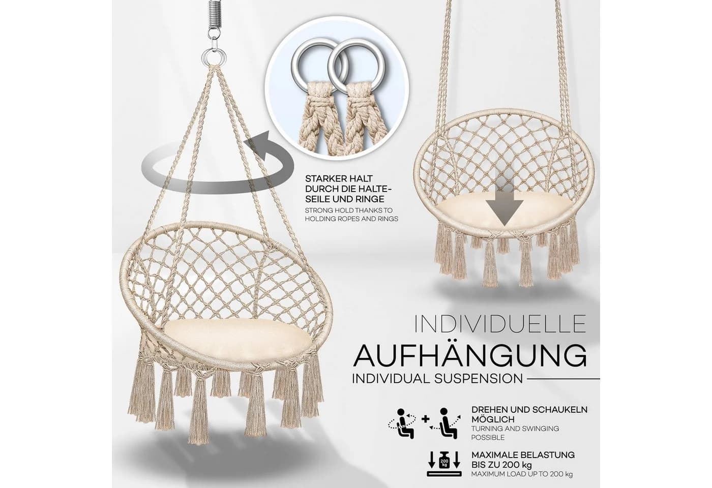 tillvex Hängesessel Beige mit Kissen Indoor Outdoor - Bild 3