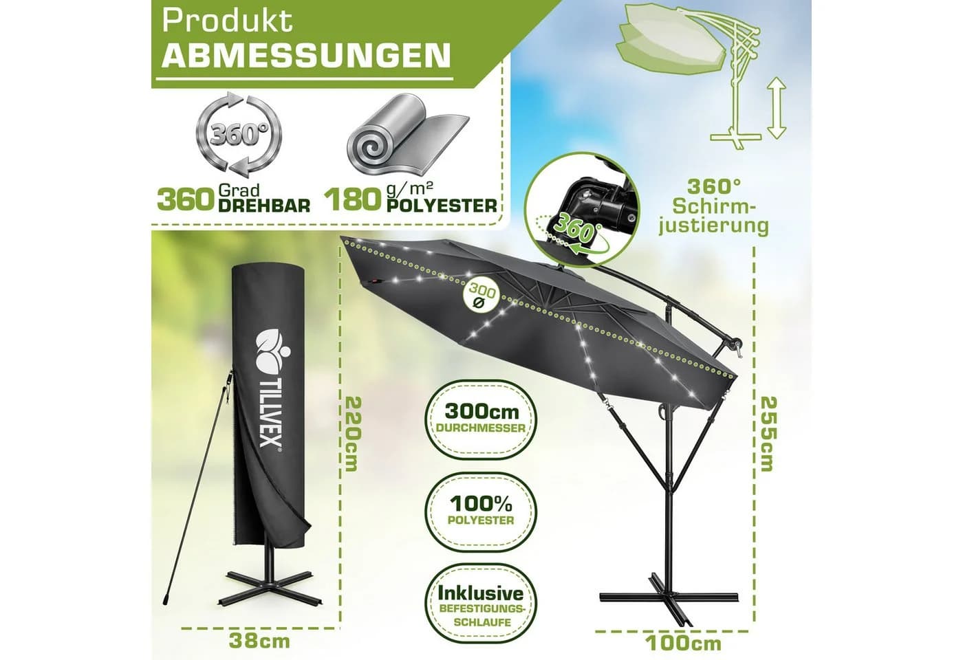 tillvex Sonnenschirm LED Solar 3m Anthrazit Aluminium