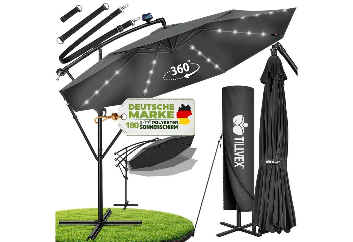 tillvex Sonnenschirm LED Solar 3m Anthrazit Aluminium - Bild 2