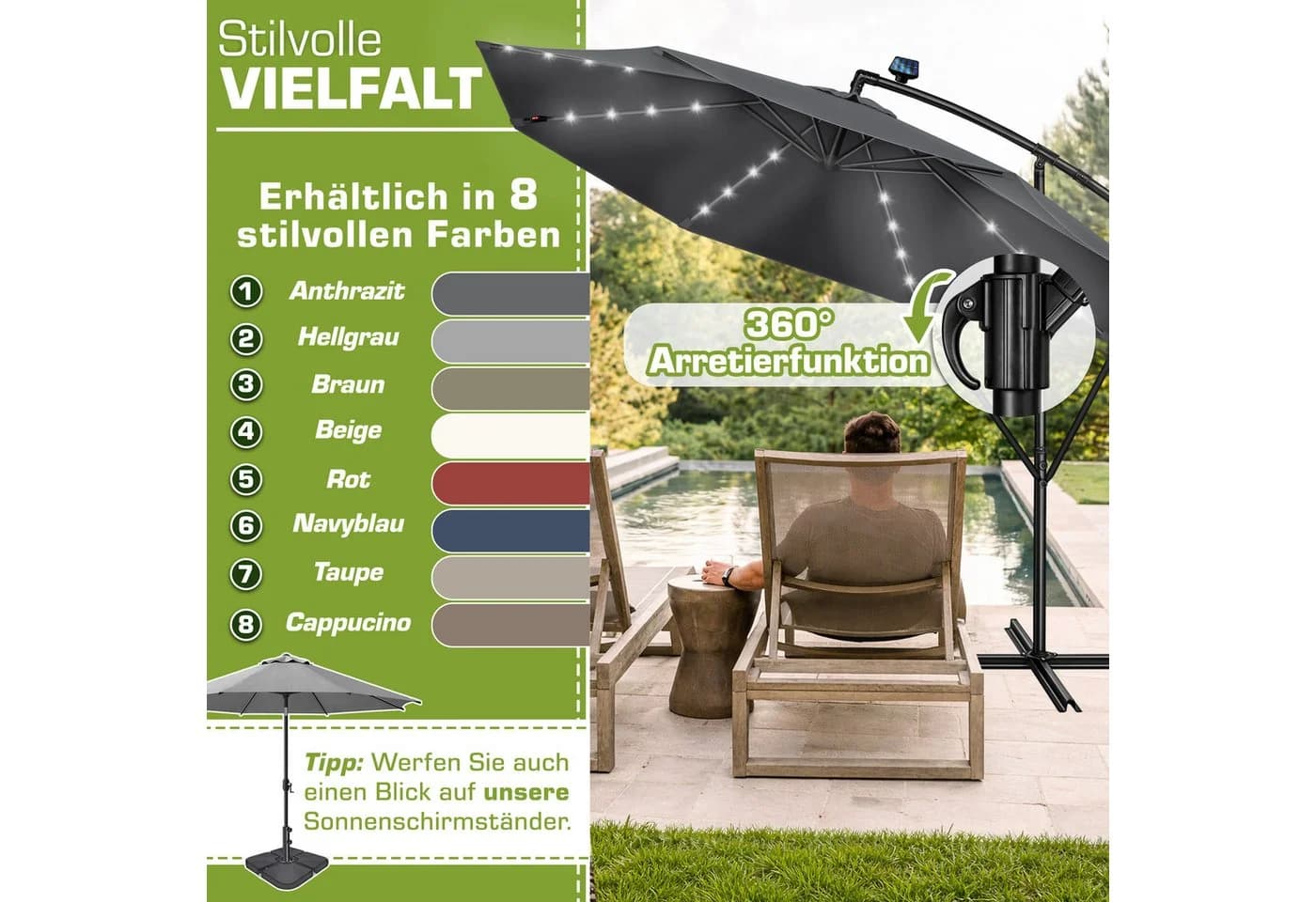 tillvex Sonnenschirm LED Solar 3m Anthrazit Aluminium - Bild 5