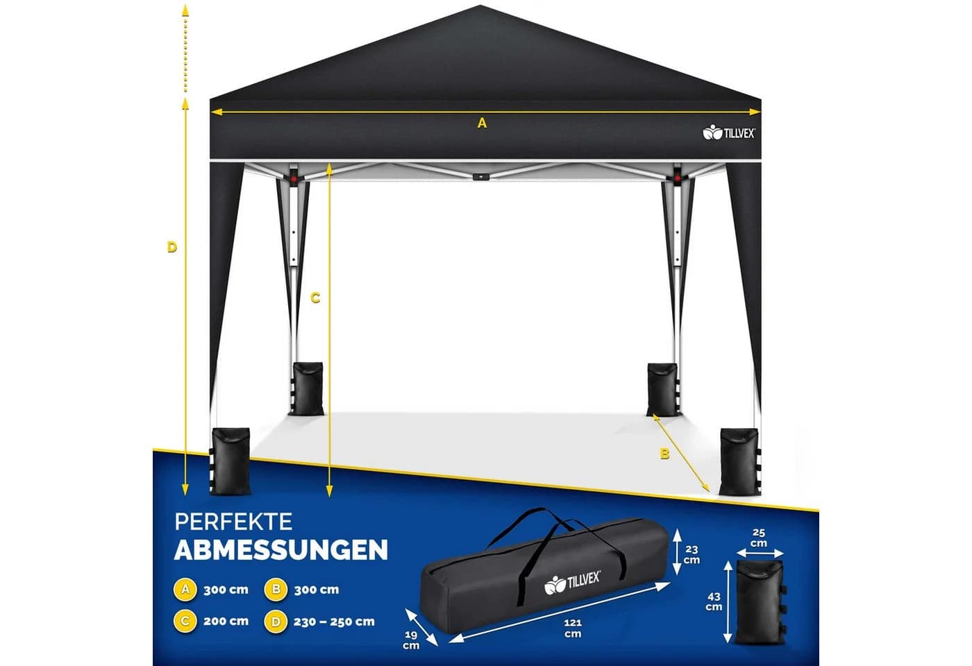 tillvex Pavillon 3x3m Wasserdicht Schwarz UV50+ Schutz