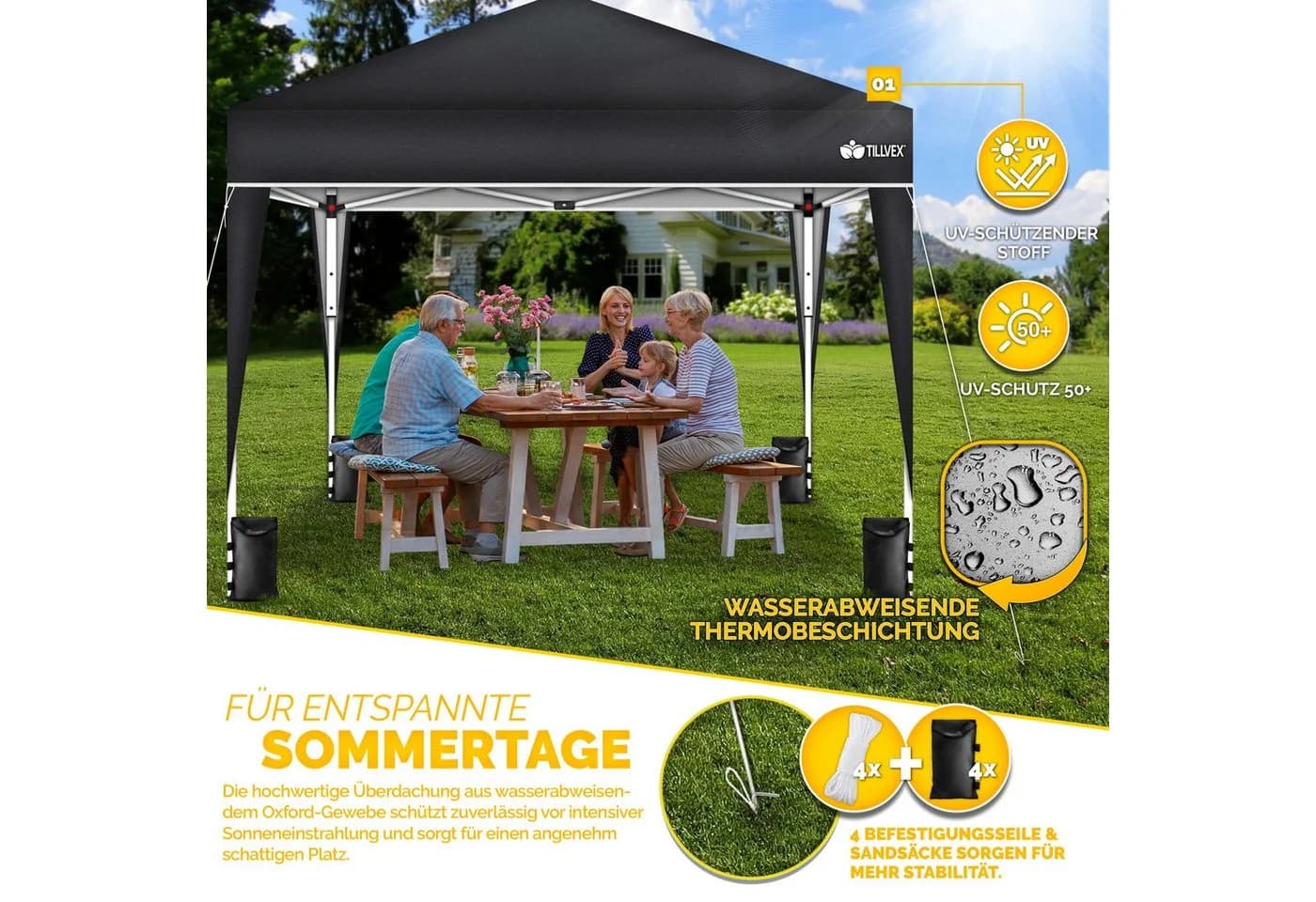 tillvex Pavillon 3x3m Wasserdicht Schwarz UV50+ Schutz - Bild 4