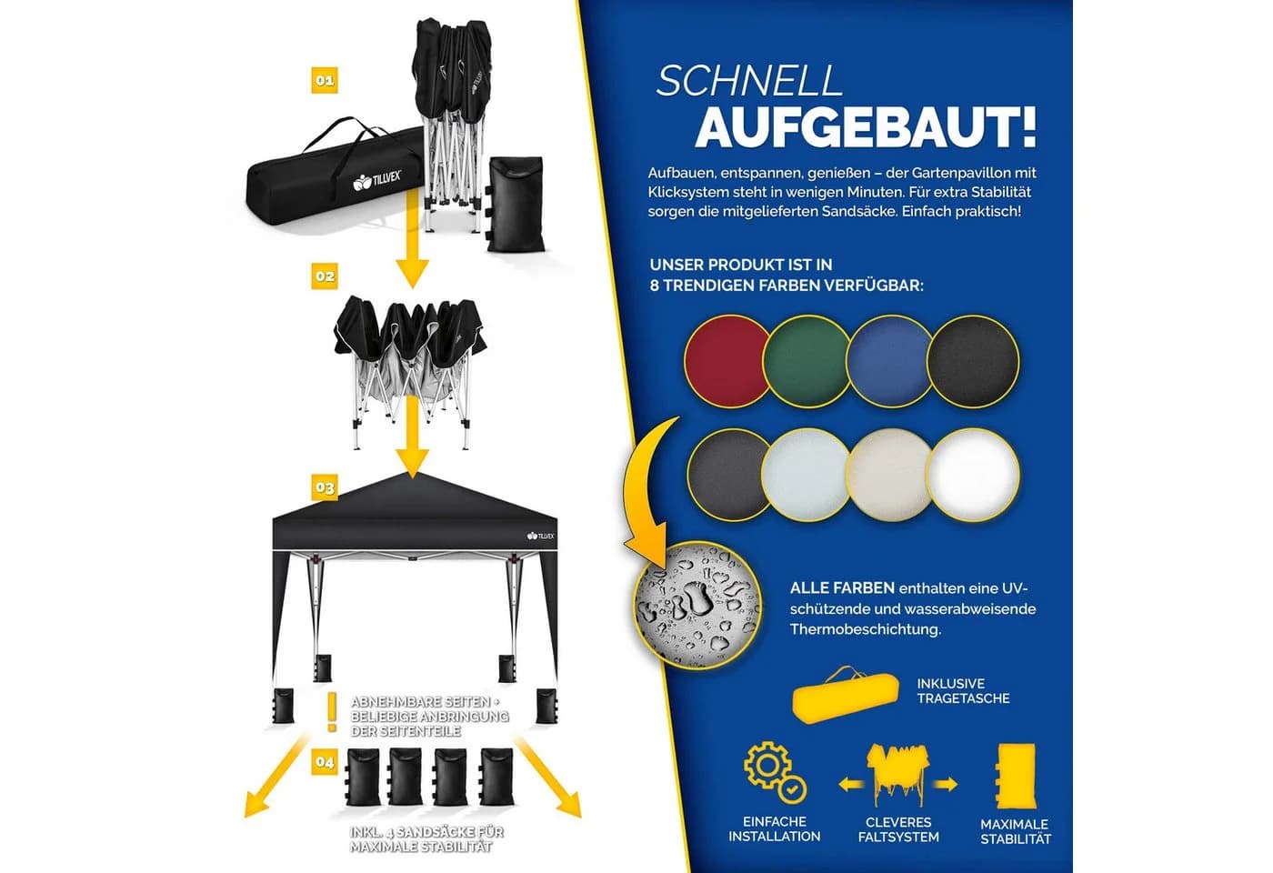 tillvex Pavillon 3x3m Wasserdicht Schwarz UV50+ Schutz - Bild 5