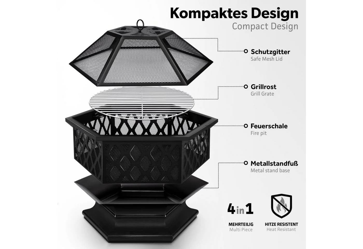 tillvex Feuerschale 4in1 Grill Feuerstelle mit Funkenschutz Schwarz