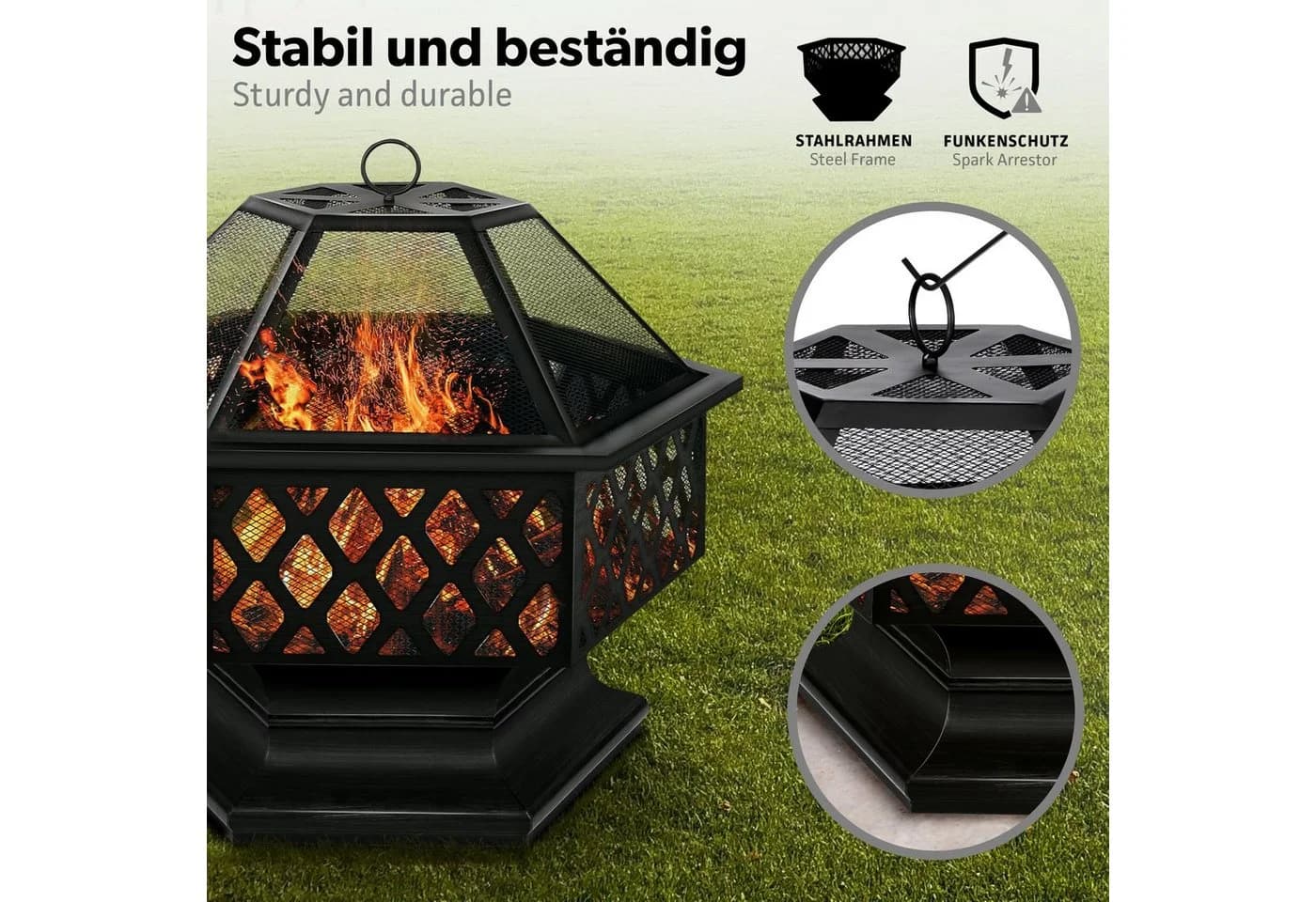 tillvex Feuerschale 4in1 Grill Feuerstelle mit Funkenschutz Schwarz - Bild 3