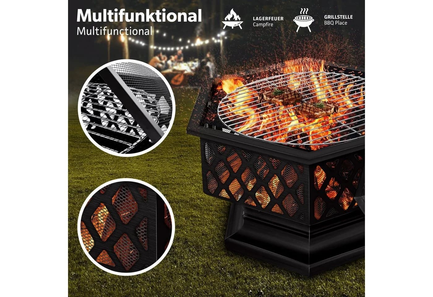 tillvex Feuerschale 4in1 Grill Feuerstelle mit Funkenschutz Schwarz - Bild 4