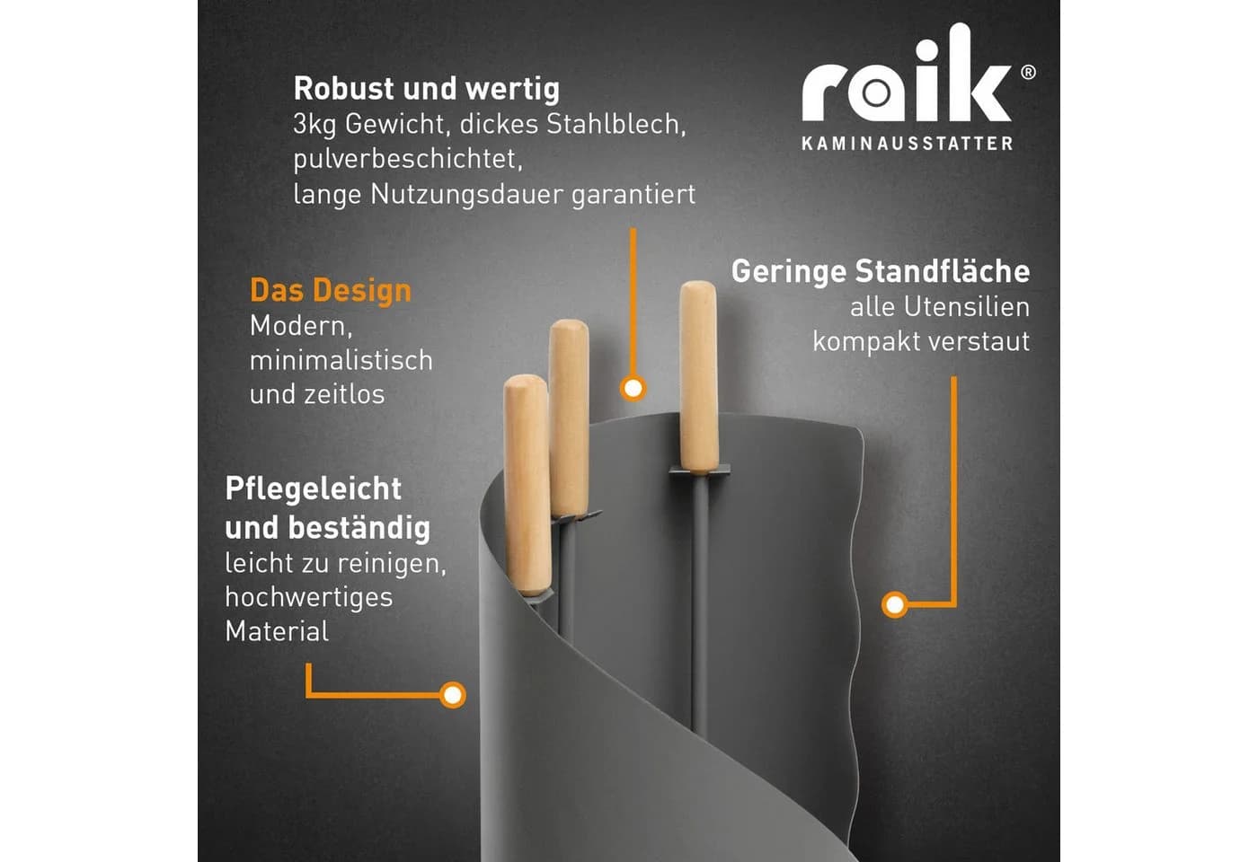 Raik Kaminbesteck Otto 3-teilig Grau Holzgriffe - Bild 5