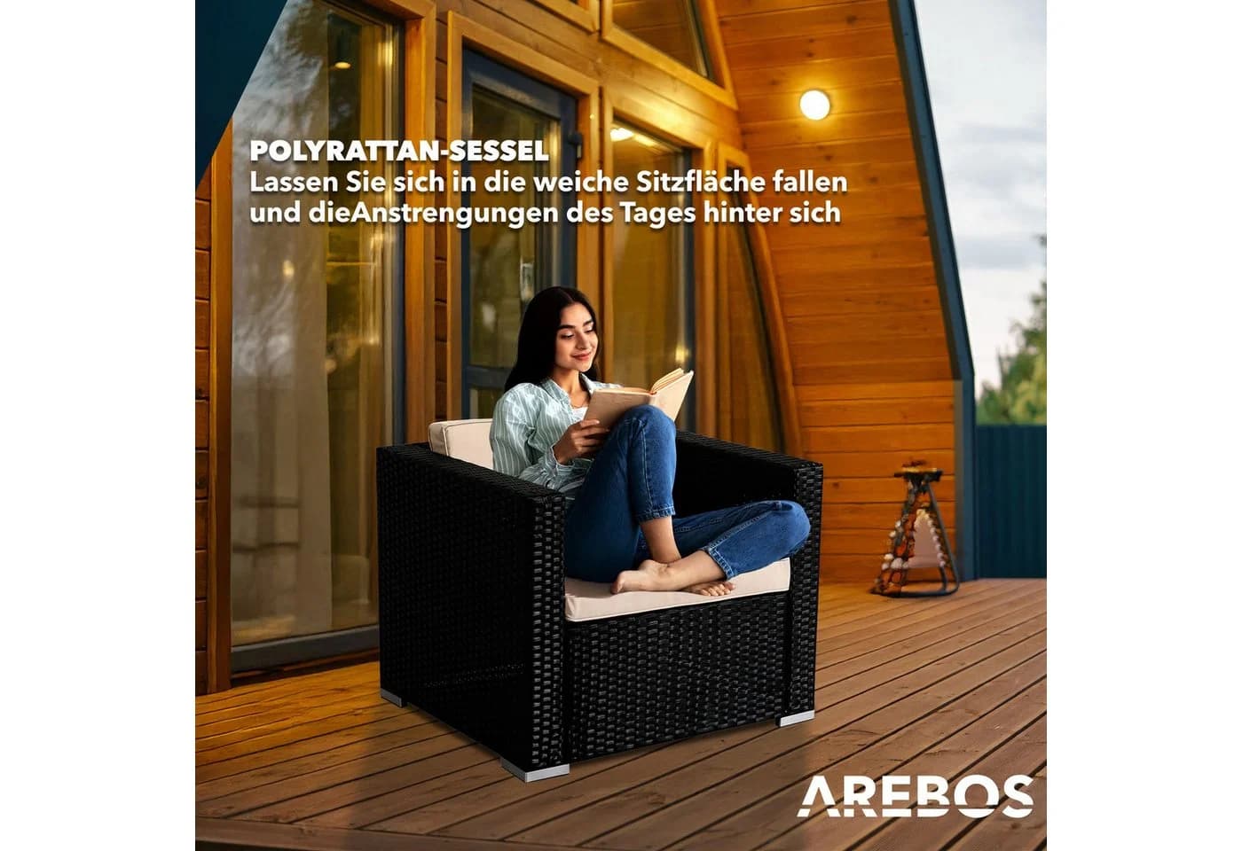 Arebos Gartensessel Poly-Rattan Schwarz mit Kissen