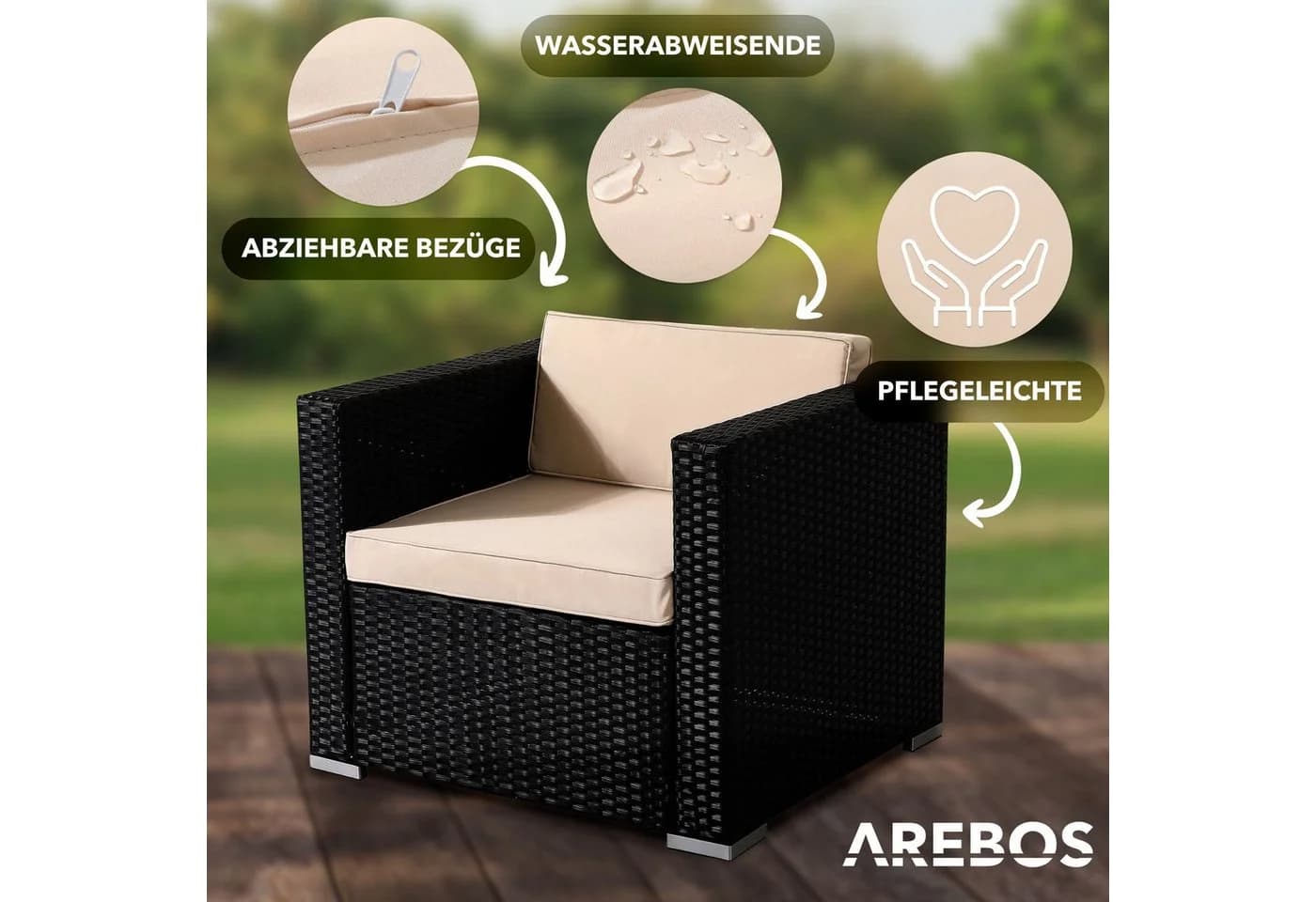 Arebos Gartensessel Poly-Rattan Schwarz mit Kissen - Bild 3