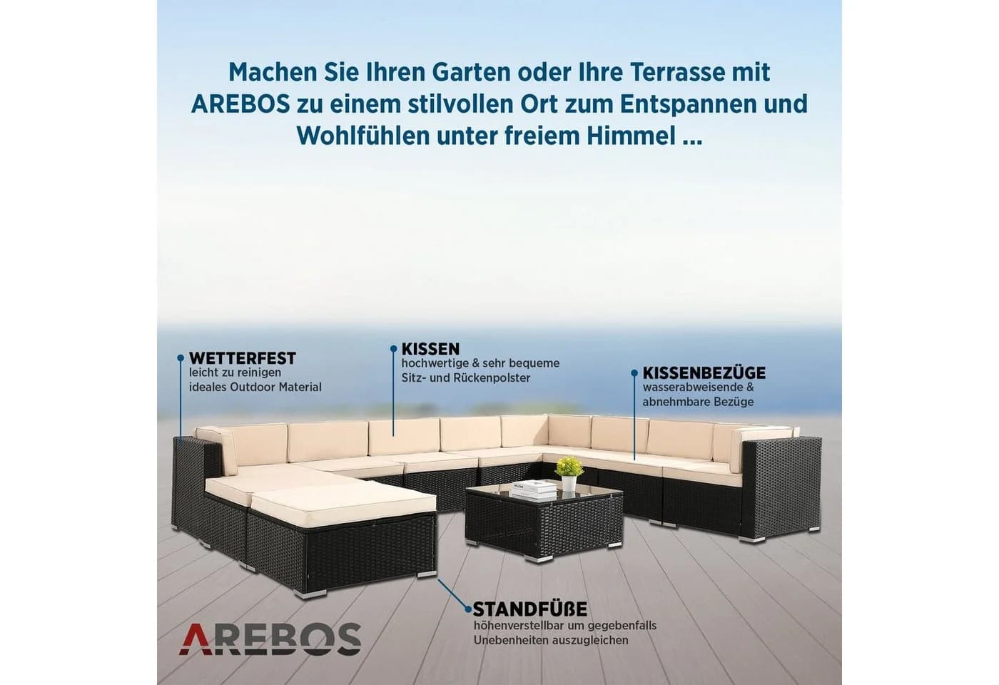 Arebos Loungesofa Polyrattan Cannes 10-tlg. Set mit Kissen