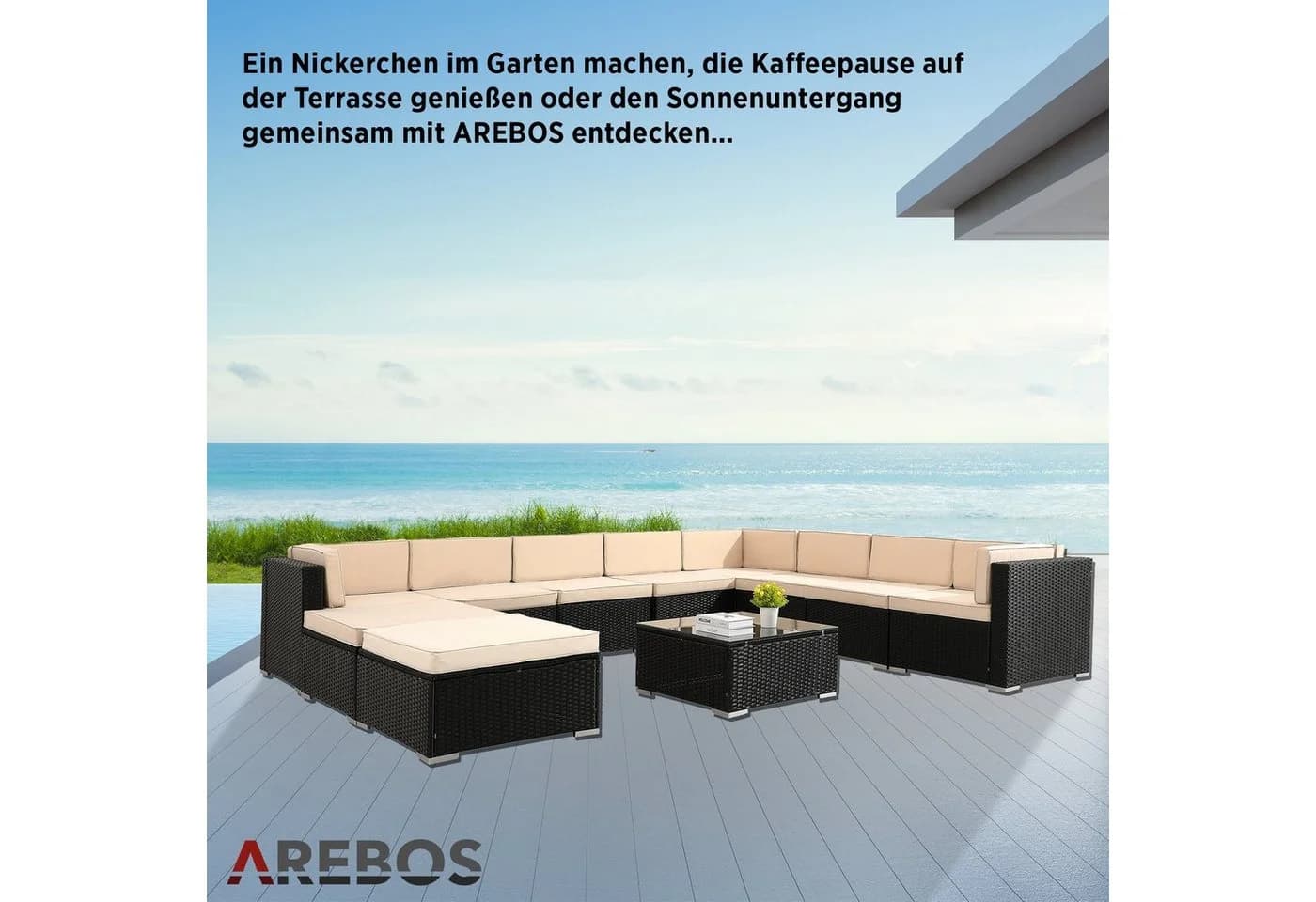 Arebos Loungesofa Polyrattan Cannes 10-tlg. Set mit Kissen - Bild 4