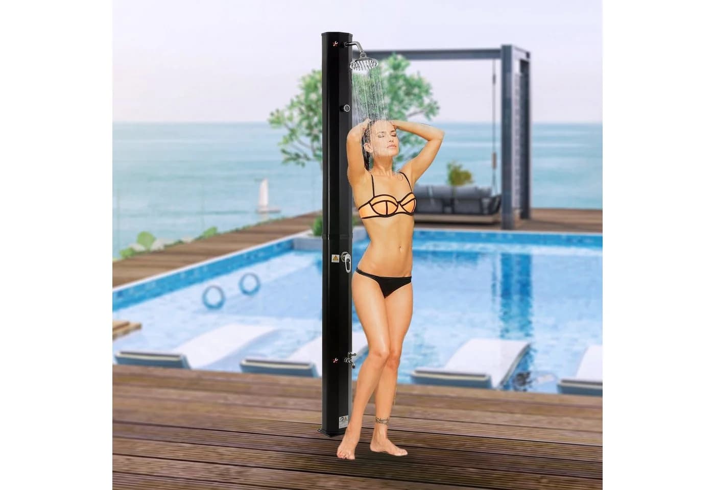 Arebos Solardusche 35L mit Thermometer & Fußdusche Schwarz/Gold/Silber
