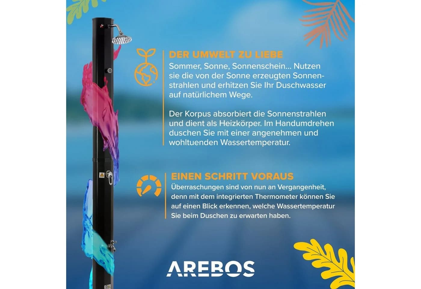 Arebos Solardusche 35L mit Thermometer & Fußdusche Schwarz/Gold/Silber - Bild 5
