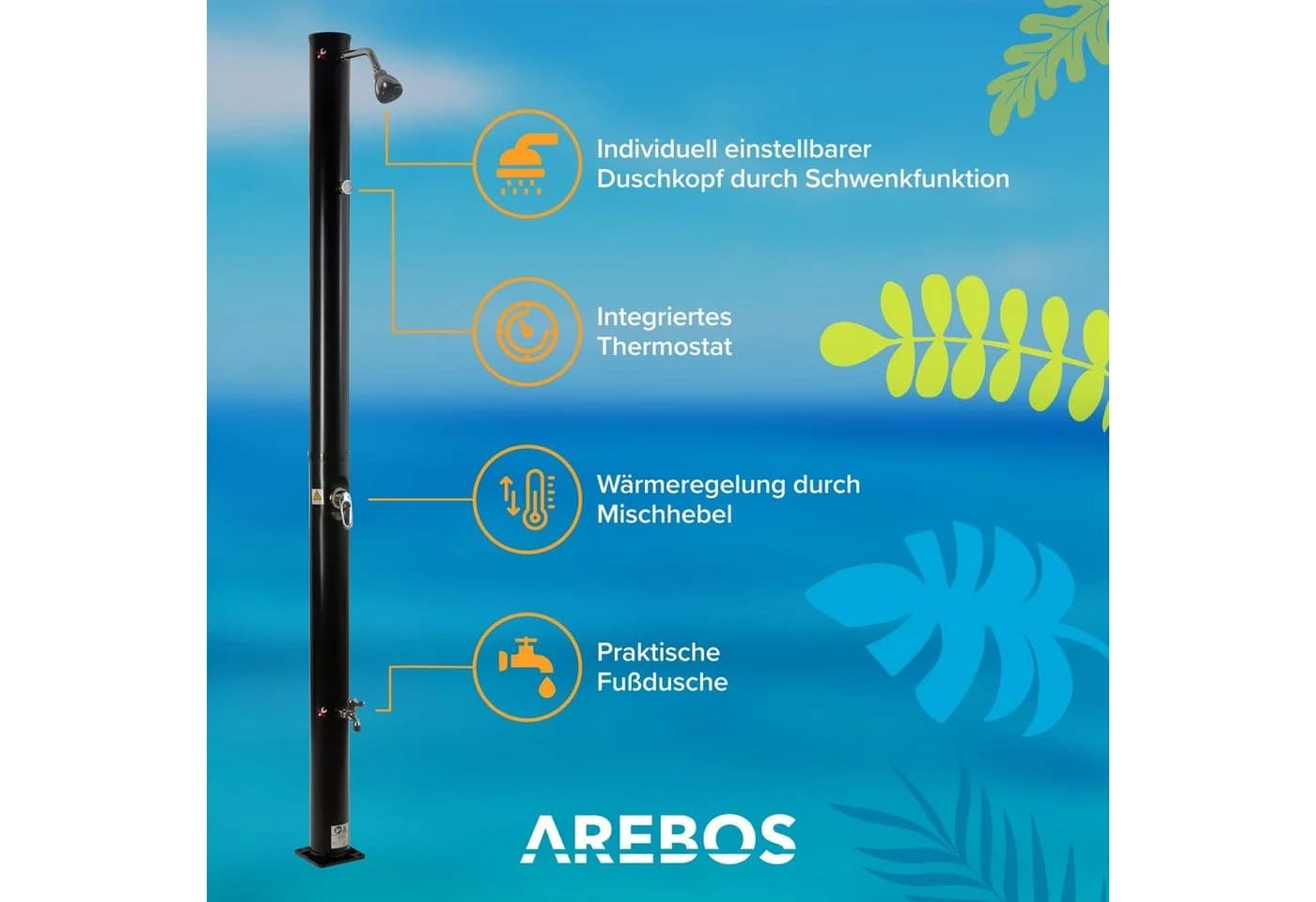 Arebos Solardusche 20L Schwarz mit Thermometer & Fußdusche - Bild 3