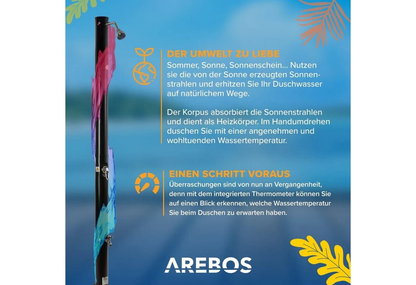 Arebos Solardusche 20L Schwarz mit Thermometer & Fußdusche - Bild 5