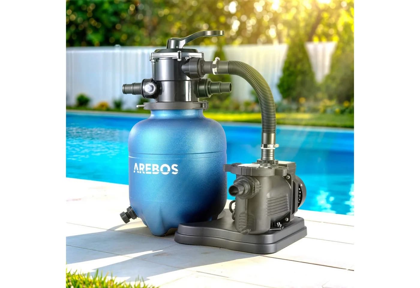 Arebos Sandfilteranlage mit Pumpe 350 W, 7-Wege-Ventil & 9500 l/h Blau