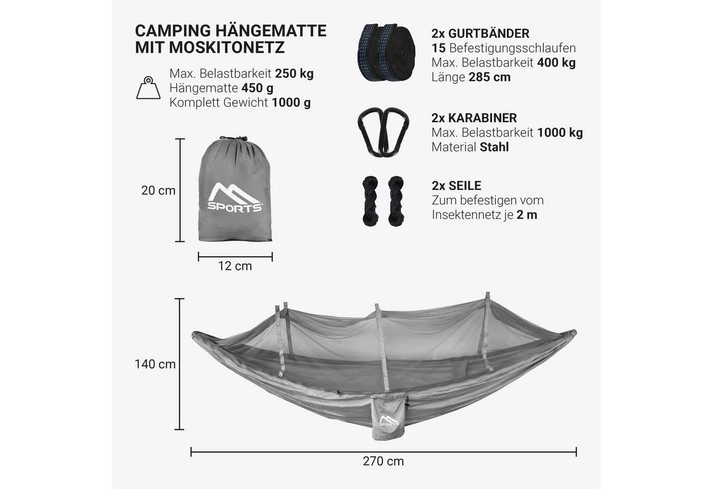 MSports® Hängematte mit Moskitonetz Grau Camping Outdoor - Bild 3