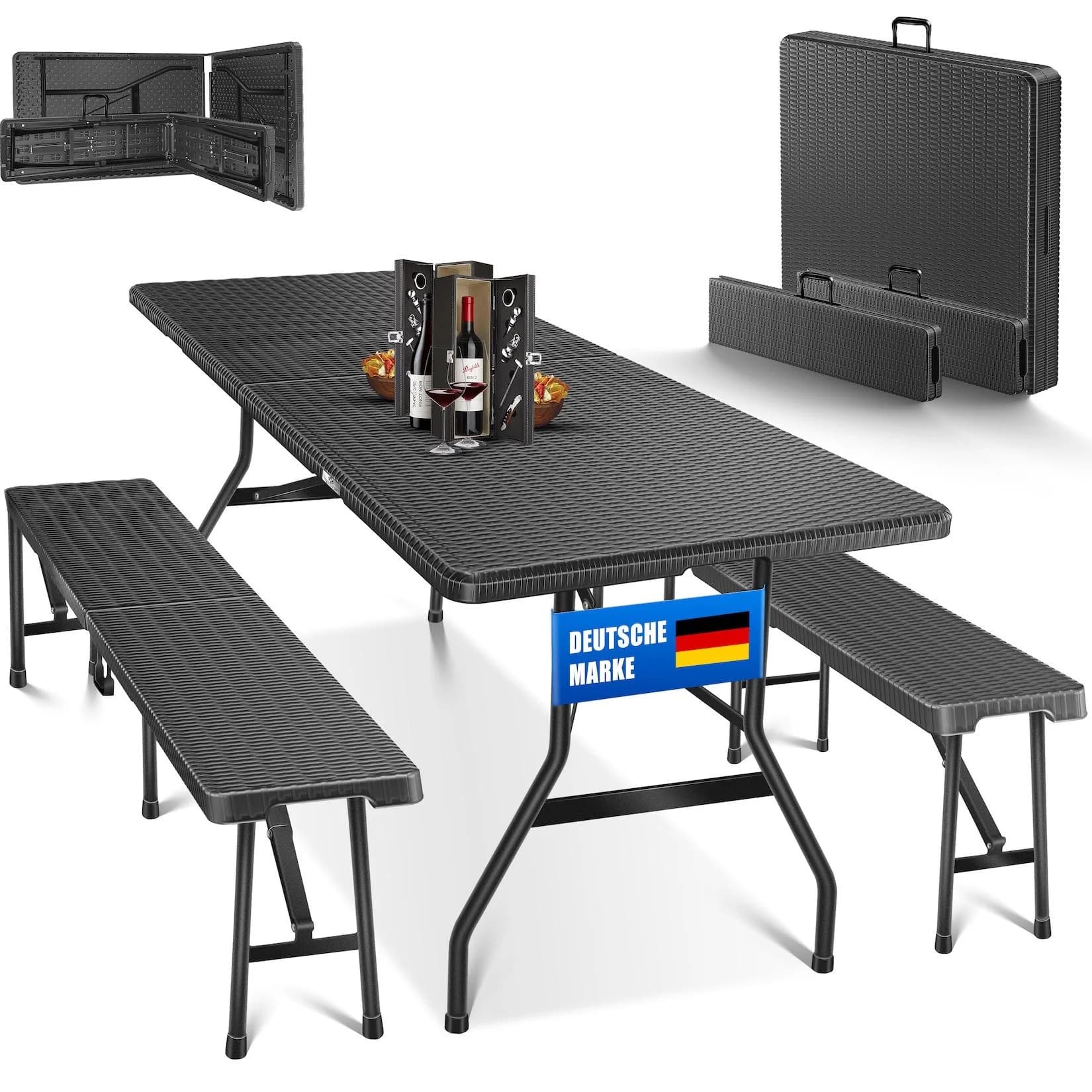 KESSER Bierzeltgarnitur 3-teilig Set Tisch & 2x Bank Schwarz Klappbar
