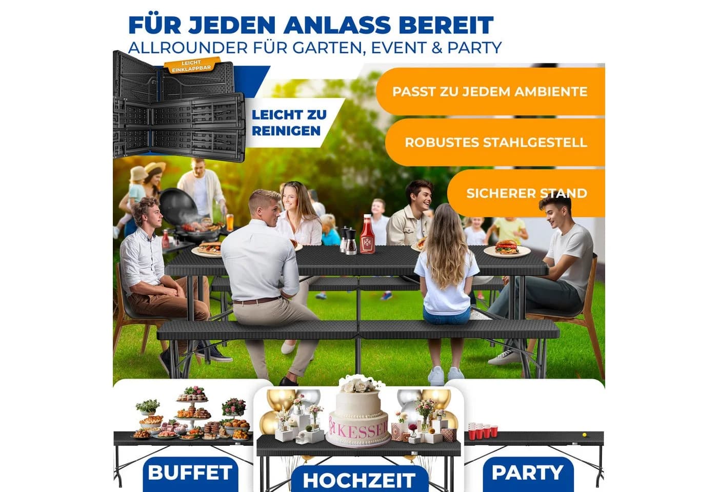 KESSER Bierzeltgarnitur 3-teilig Set Tisch & 2x Bank Schwarz Klappbar - Bild 4