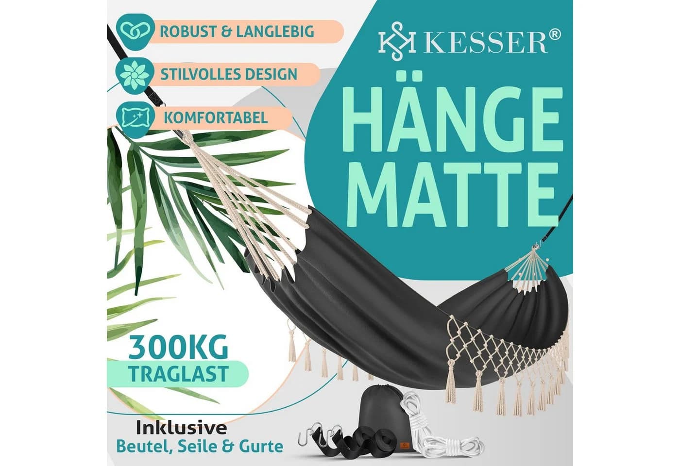 KESSER Hängematte Anthrazit 300kg Belastbar Inkl. Befestigung