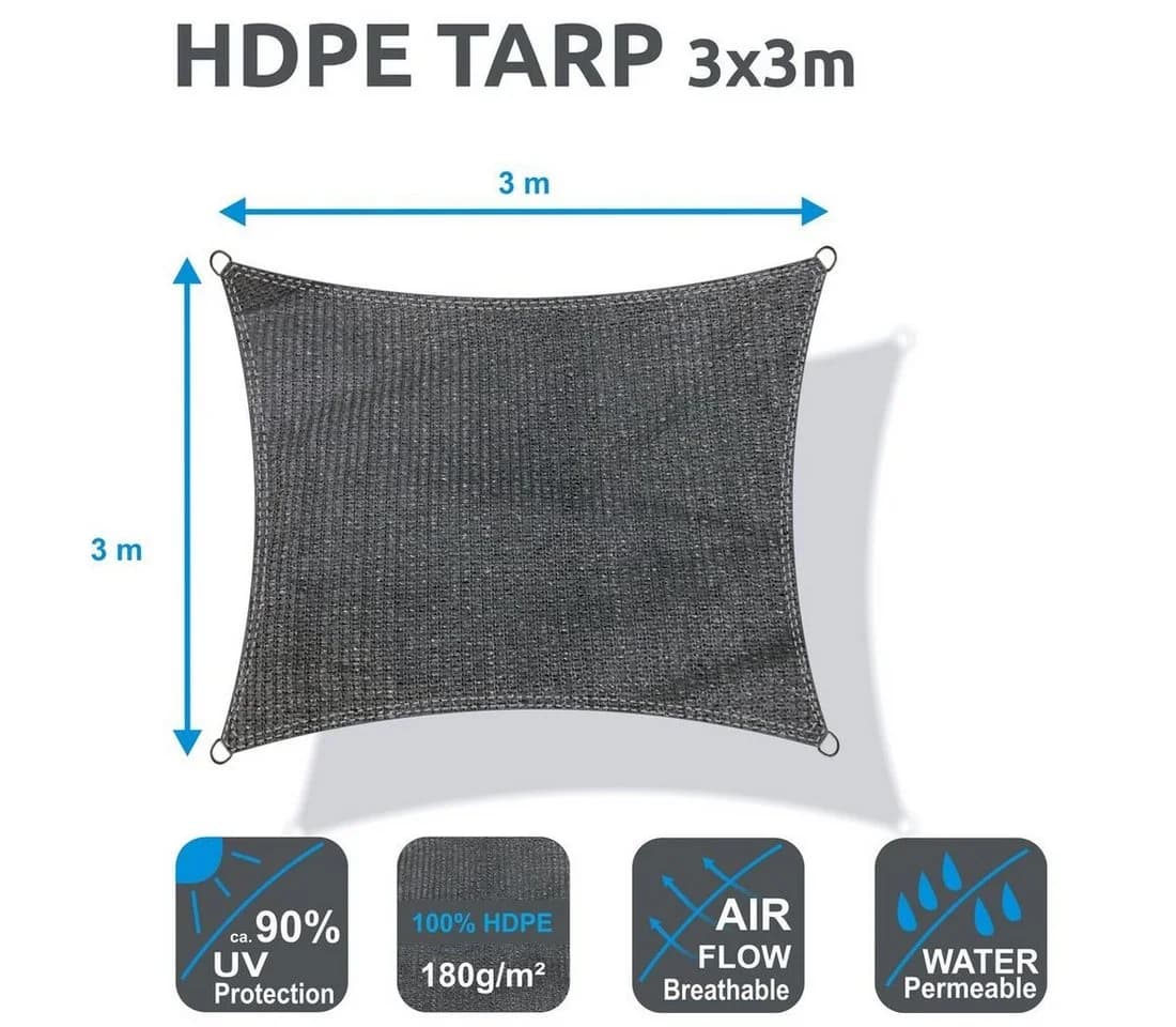 yourGEAR Sonnensegel 3x3m Grau HDPE UV-Schutz