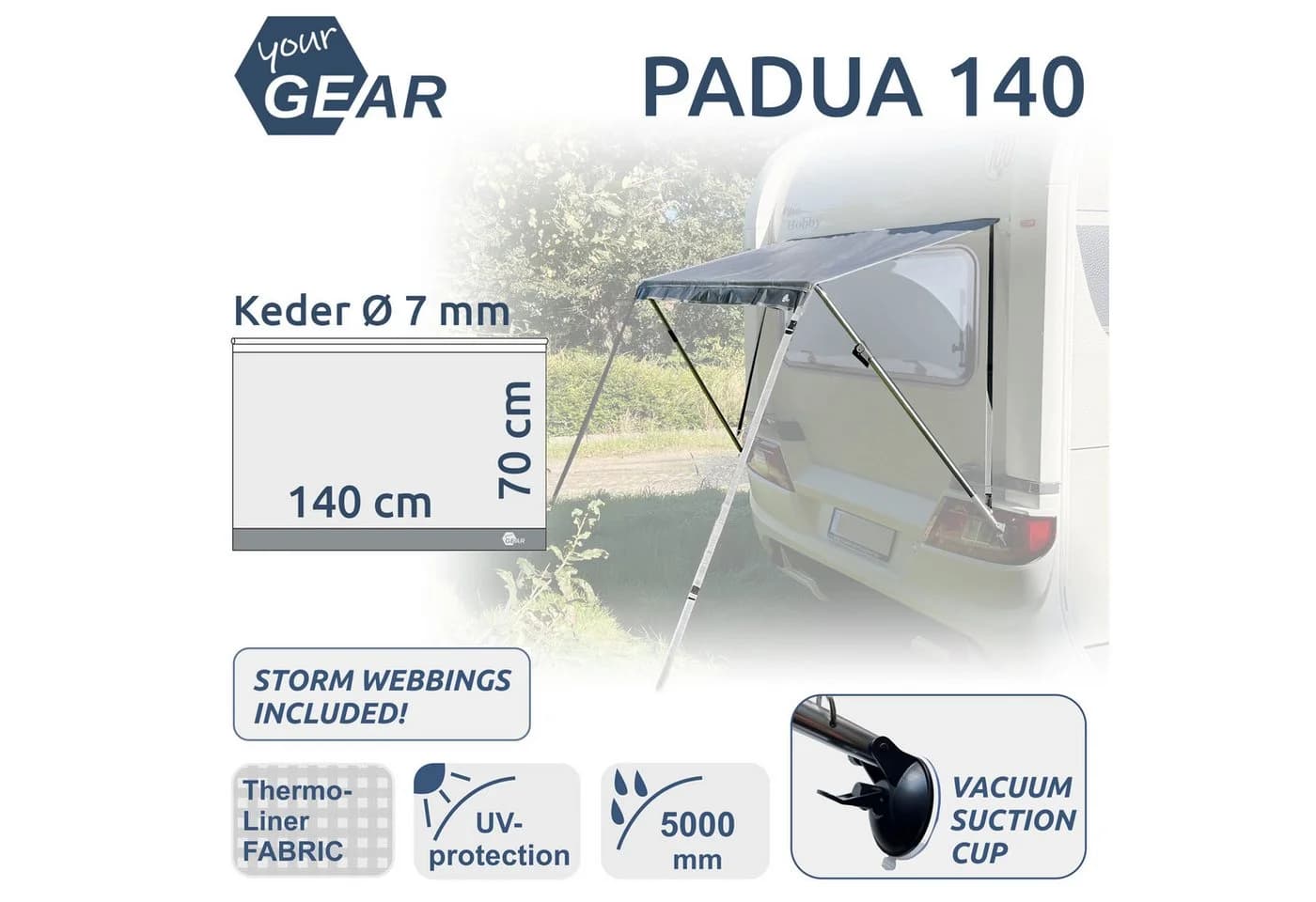 yourGEAR Padua Fenstermarkise Grau UV-Schutz 80+