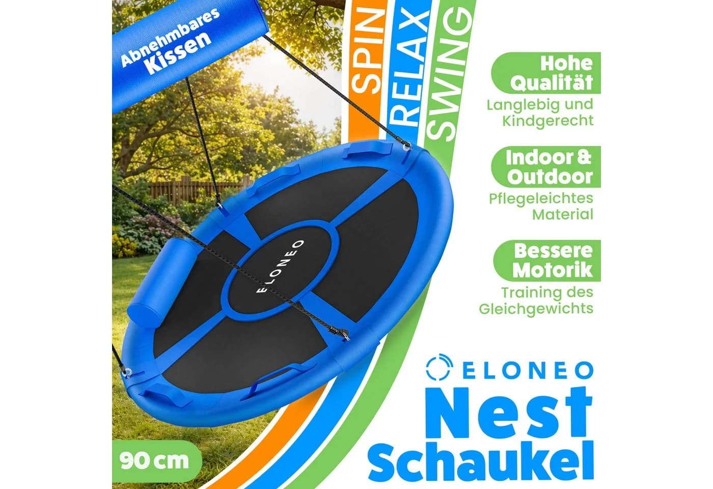 ELONEO Nestschaukel Outdoor Indoor Blau 90cm mit Kissen - Bild 2