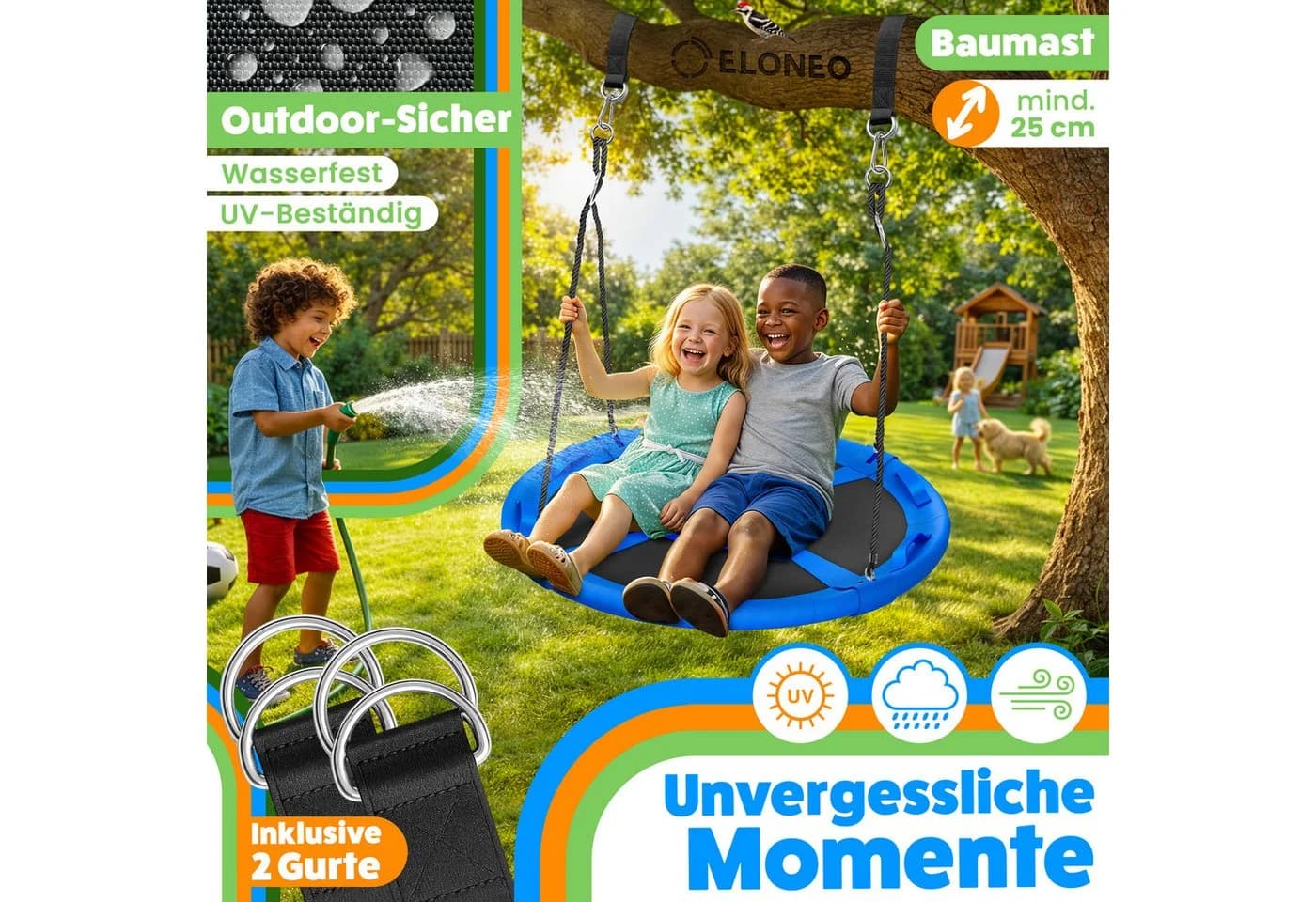 ELONEO Nestschaukel Outdoor Indoor Blau 90cm mit Kissen - Bild 4