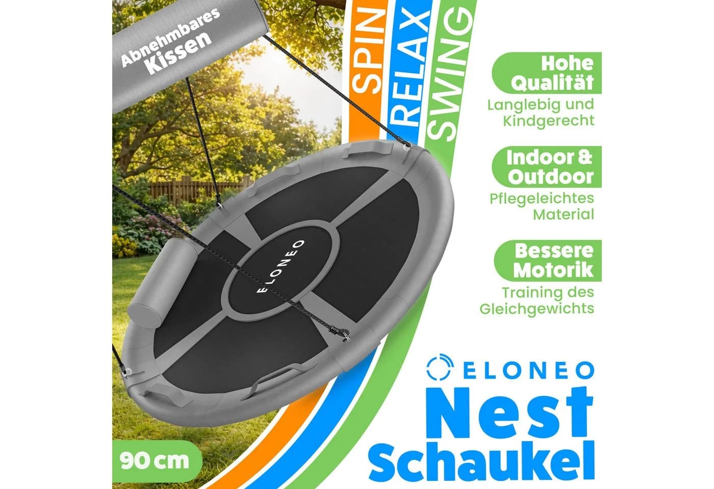 ELONEO Nestschaukel Grau 90cm höhenverstellbar mit Kissen - Bild 2