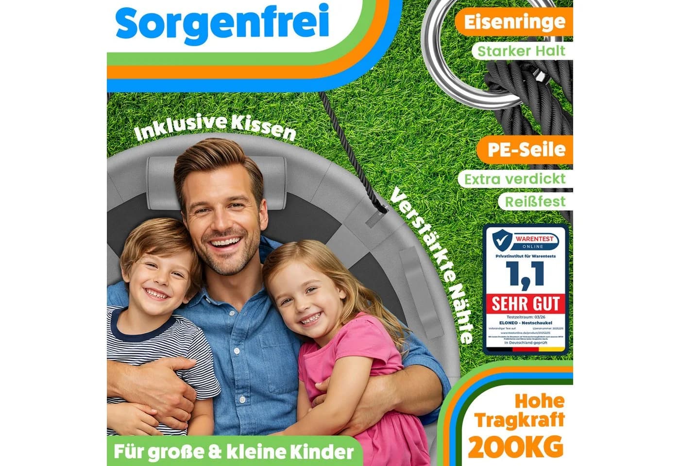 ELONEO Nestschaukel Grau 90cm höhenverstellbar mit Kissen - Bild 5
